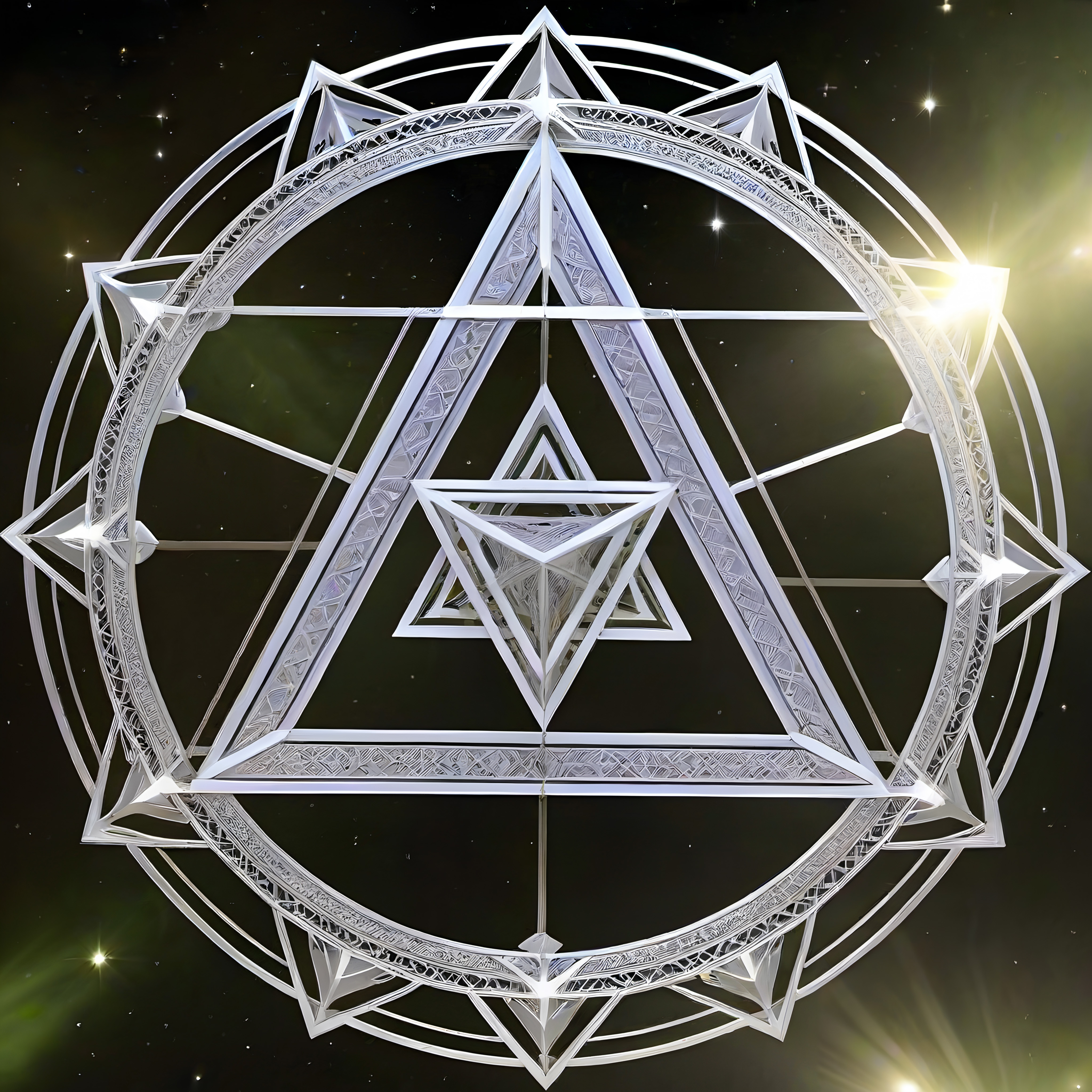 Intricate geometric design with celestial elements and luminous effect.