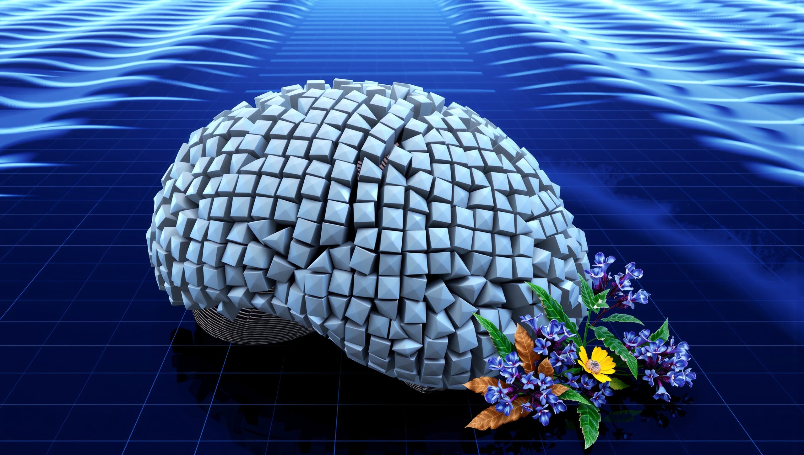 Futuristic 3D brain with flowers, symbolizing nature and technology integration on a digital grid.