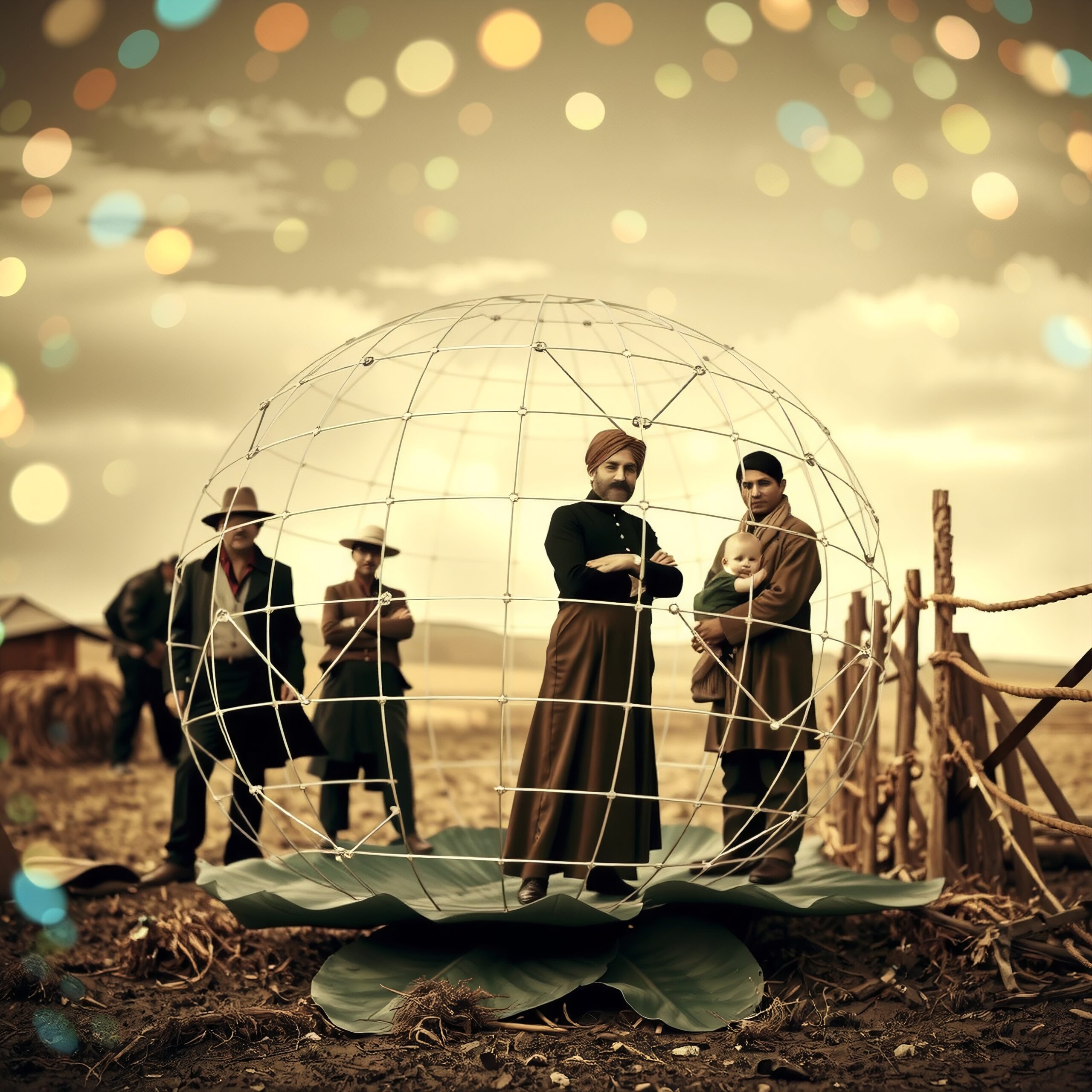 A diverse group stands in a wire globe on a leaf, creating a surreal scene.