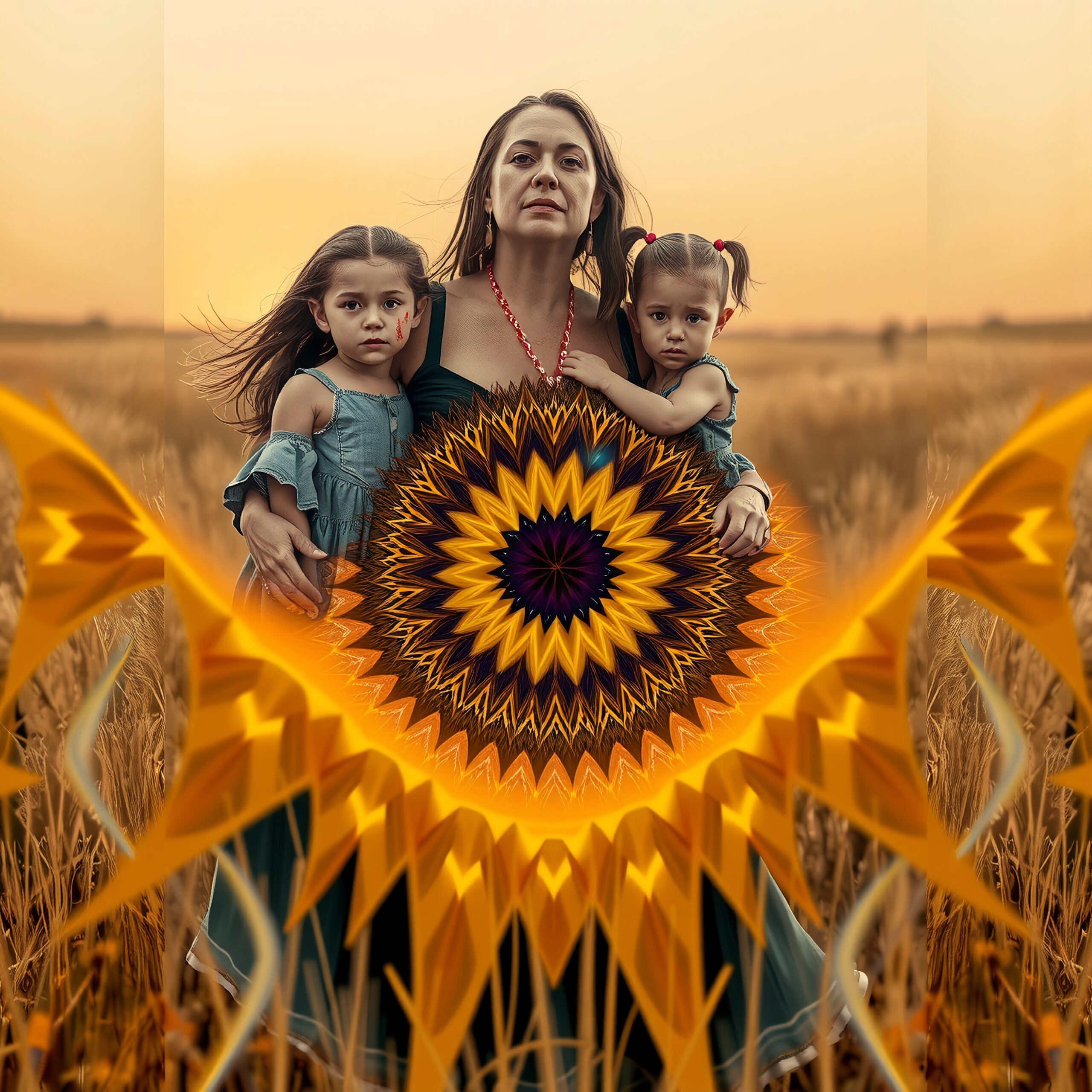 A woman and two children stand in a wheat field with a kaleidoscopic sunflower design in foreground.