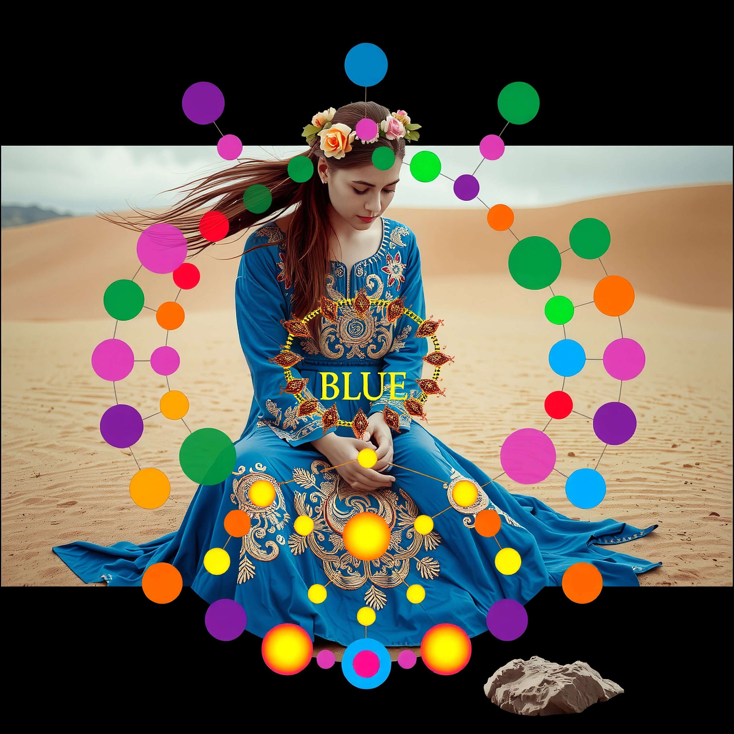 A woman in a blue embroidered dress sits in a desert, surrounded by colorful orbs and a floral crown.