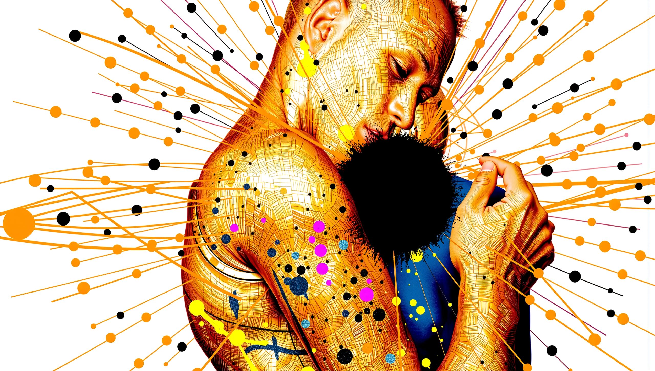 A richly textured digital artwork depicts a person with vibrant, abstract patterns and colors, surrounded by dynamic radial lines.