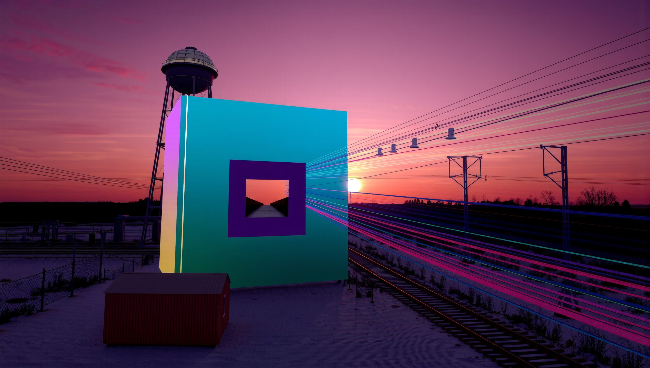Vibrant teal and purple structure with sunset backdrop.