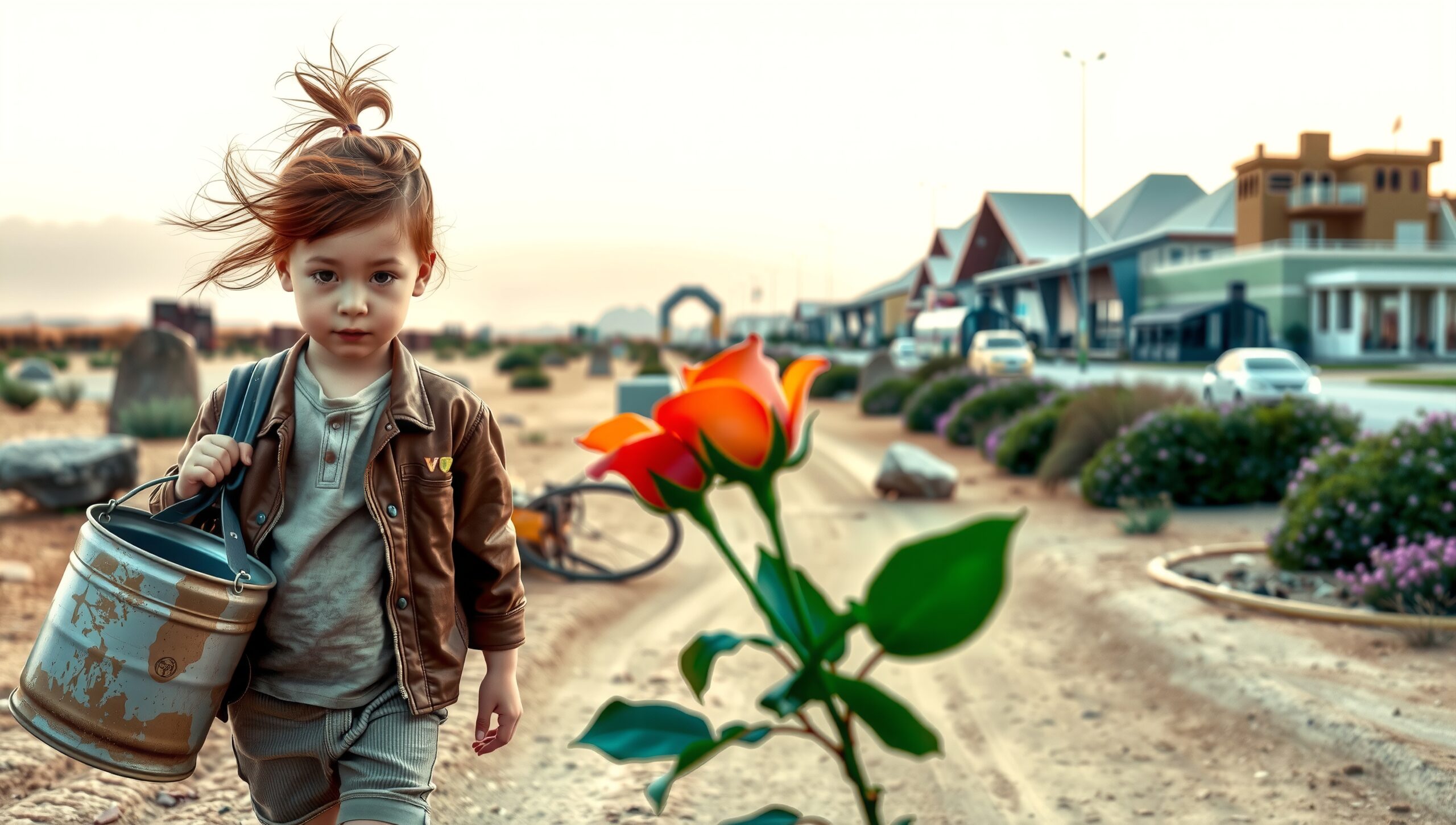 A young child walks down a dusty road, holding a bucket, with an orange flower in the foreground and rural houses lining the street.