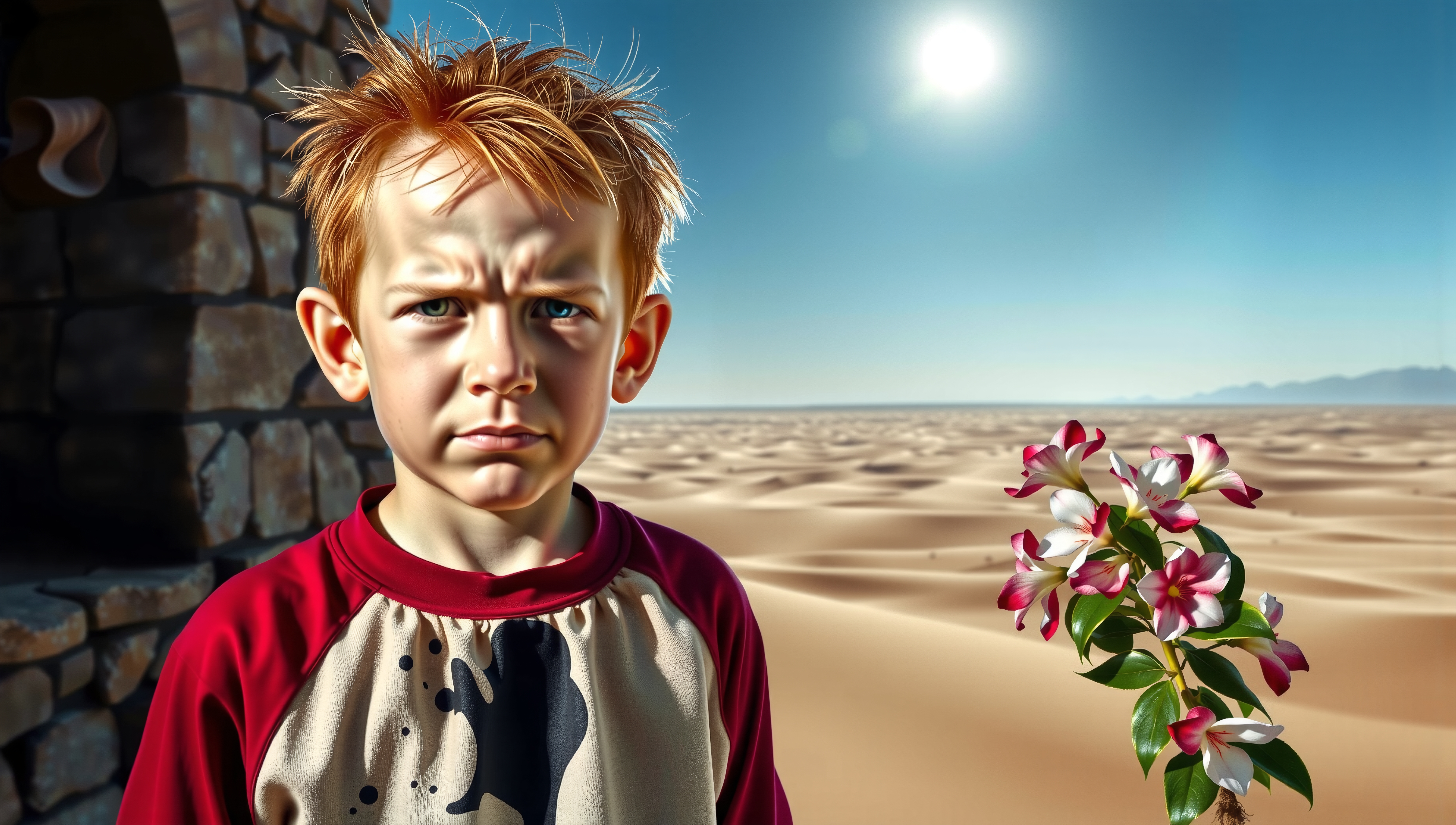 A young boy stands by flowers in a sunlit desert landscape, exuding contrast.