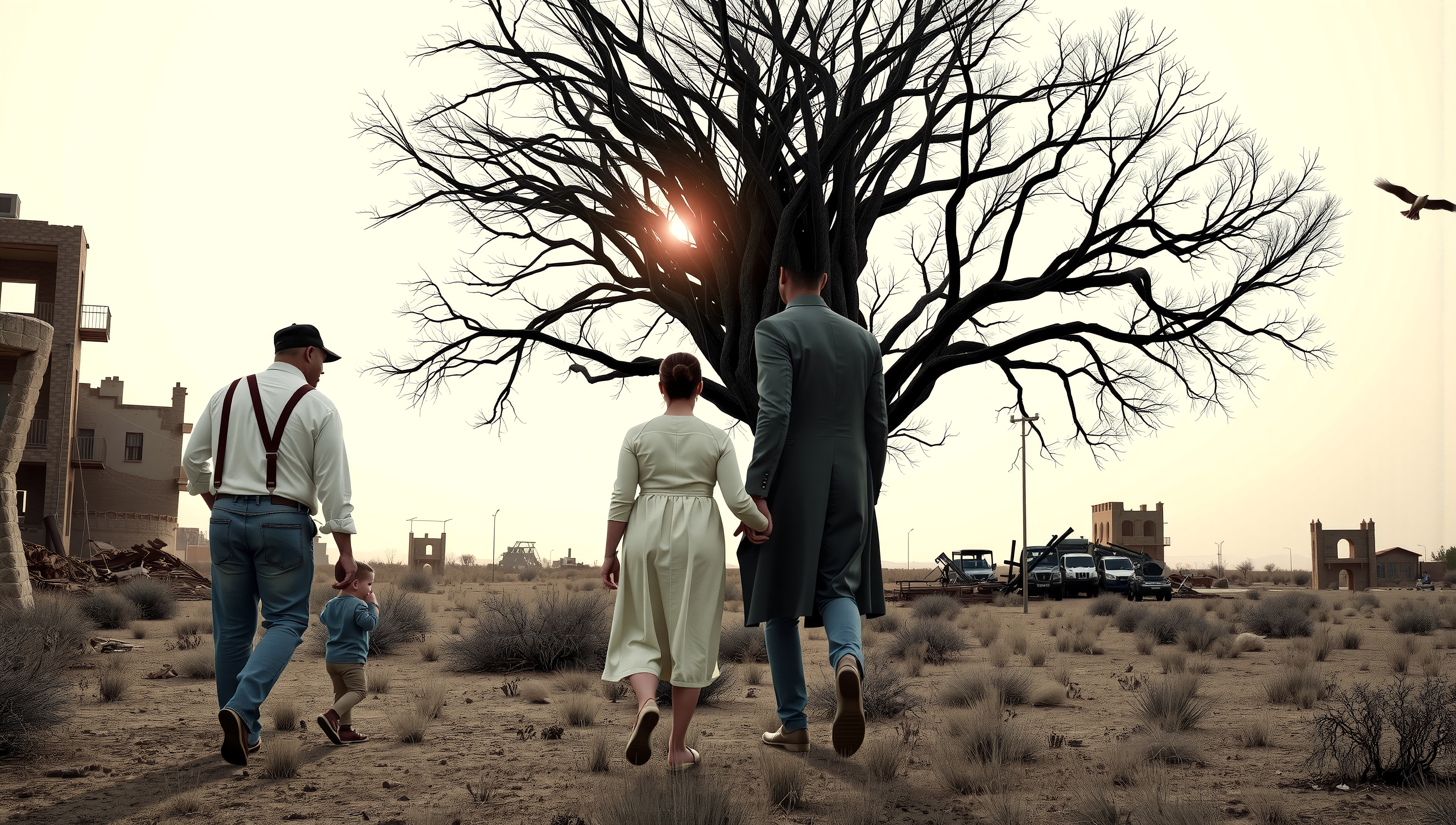 A family walks through a barren desert landscape toward a leafless tree, symbolizing hope amid desolation.