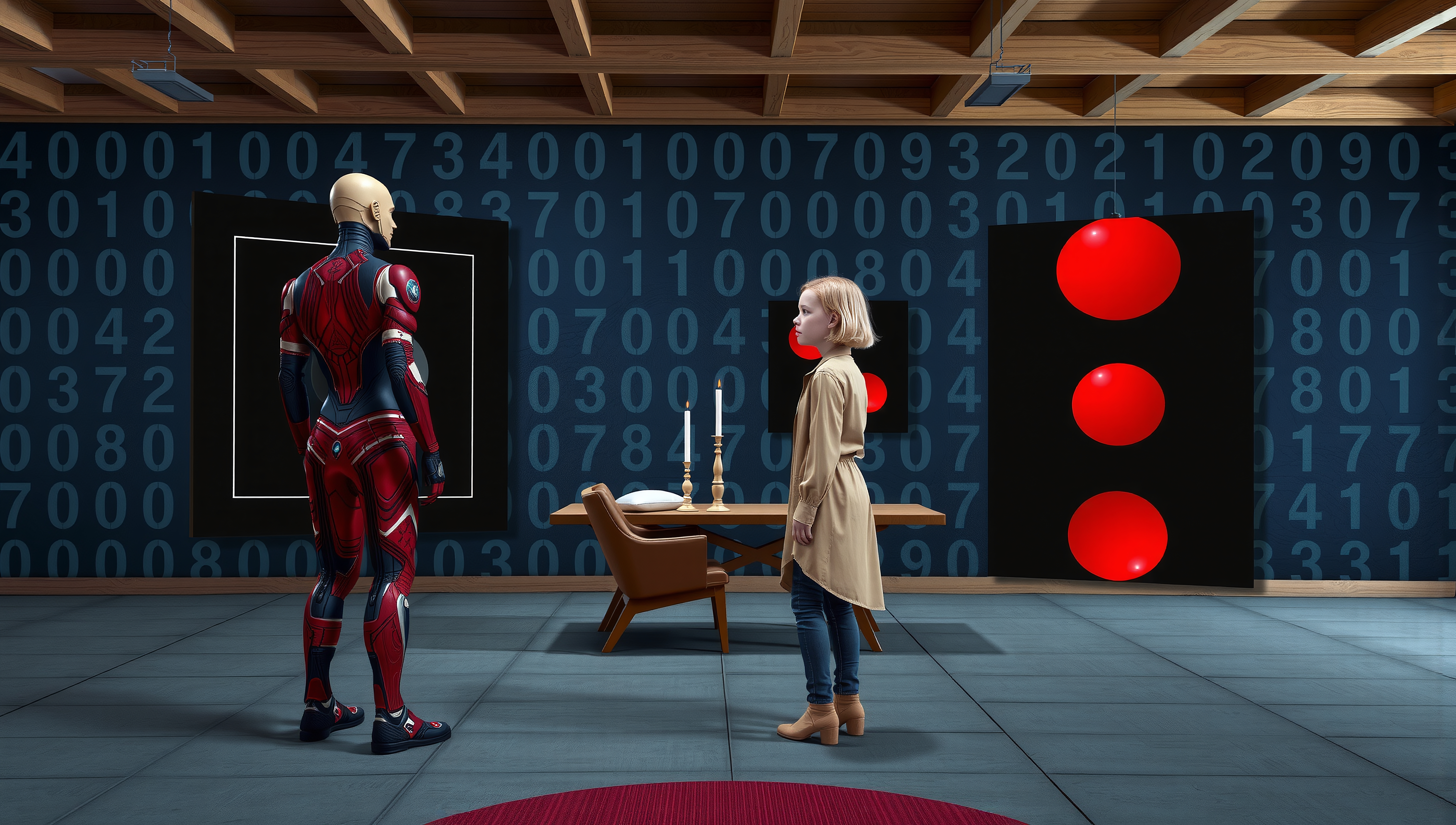 A young girl and a humanoid in a digital-themed room.