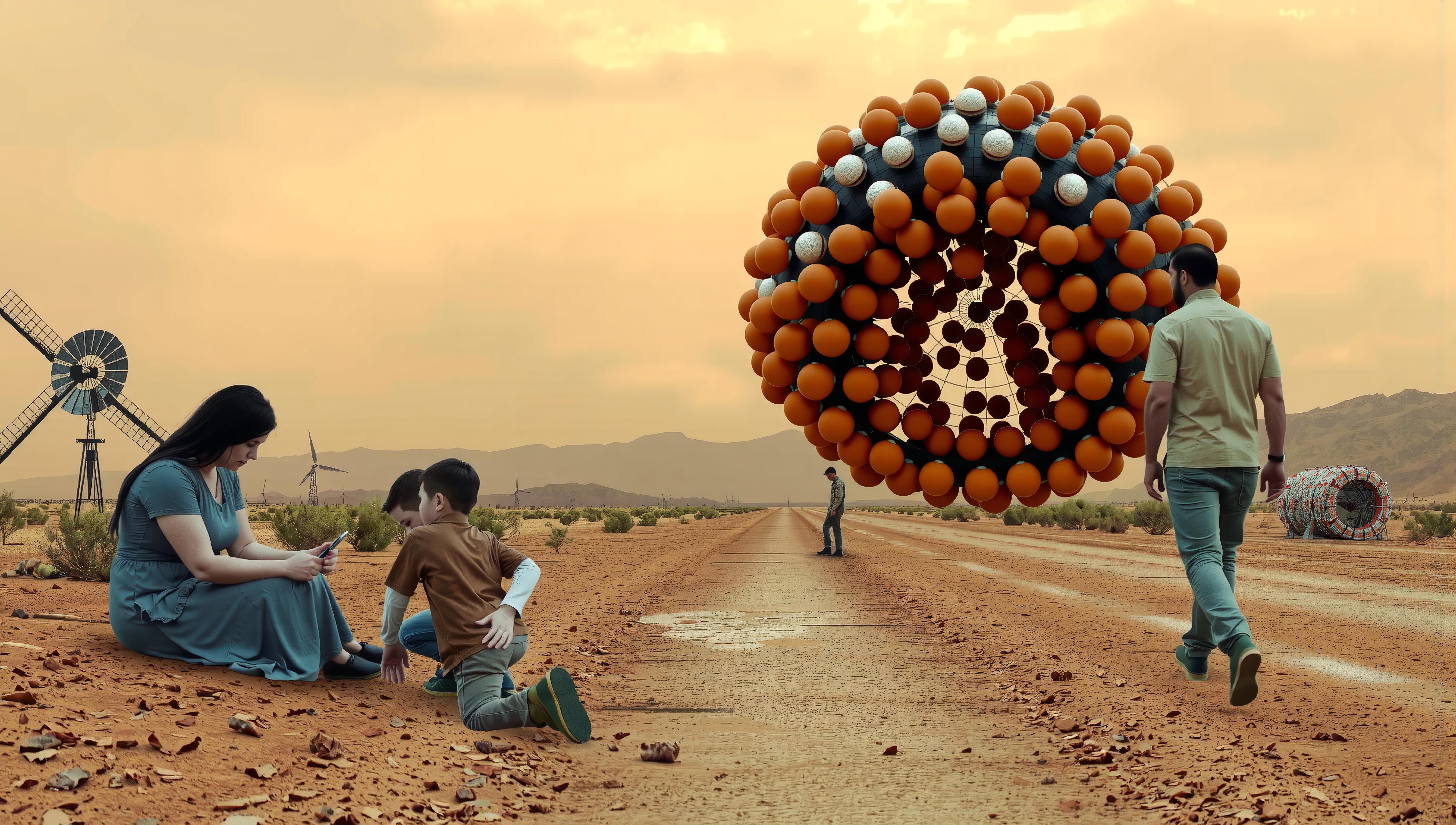 A futuristic spherical object hovers in a desert landscape with people nearby, evoking curiosity and adventure.