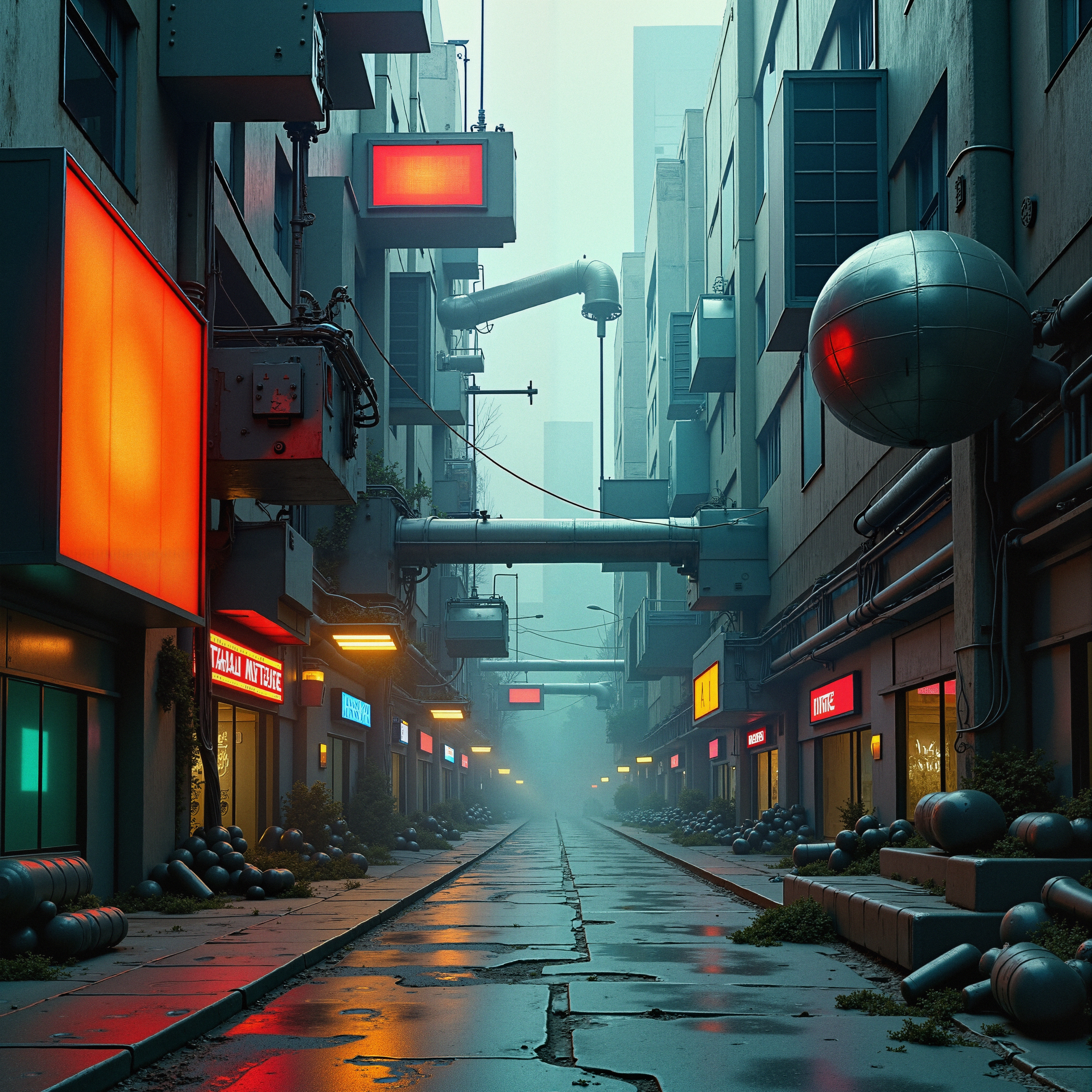 An atmospheric scene of a neon-lit, futuristic alleyway with fog, vibrant signs, and urban architecture.