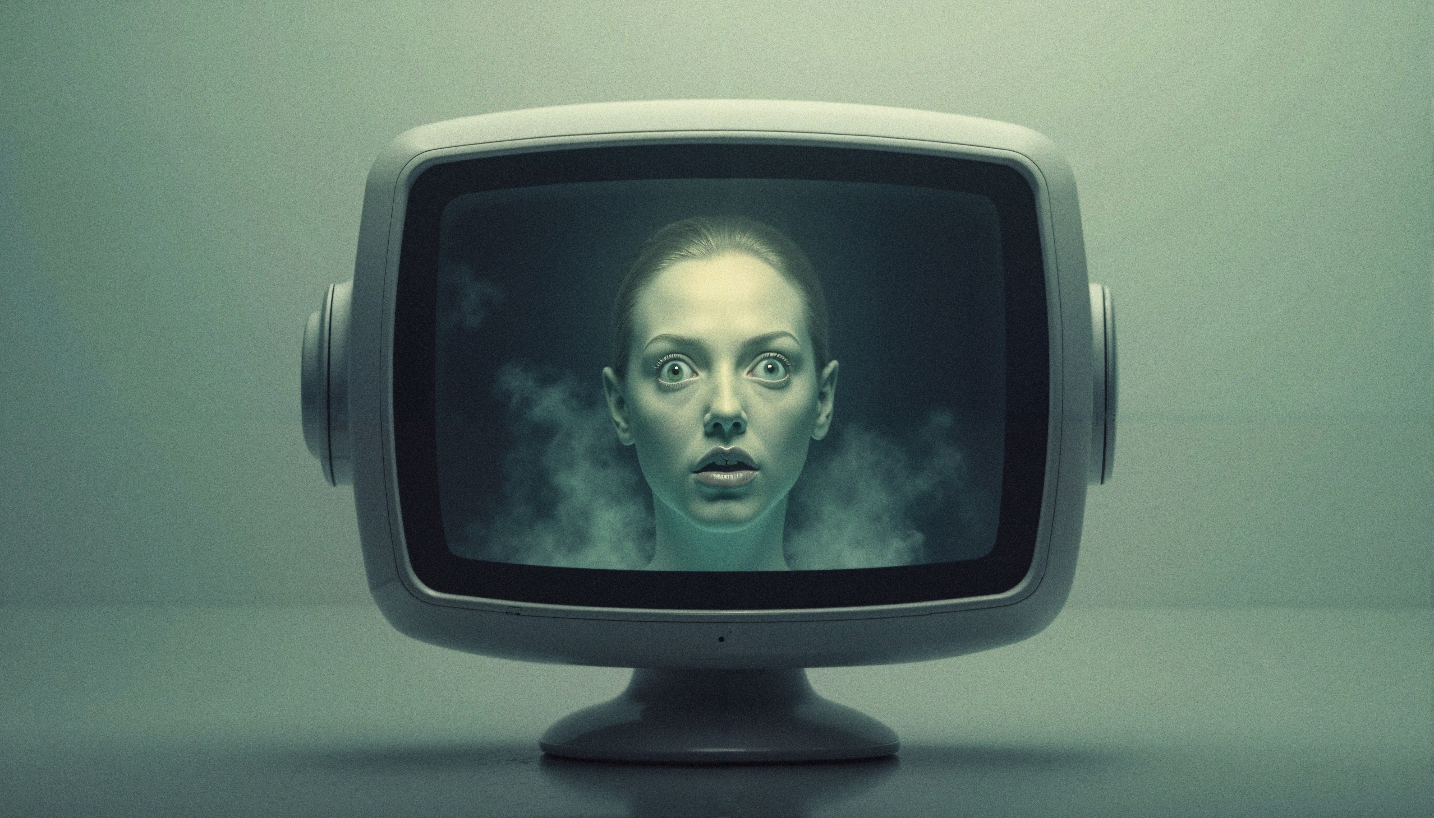 A vintage television displays a haunting face glowing green with smoky effects.