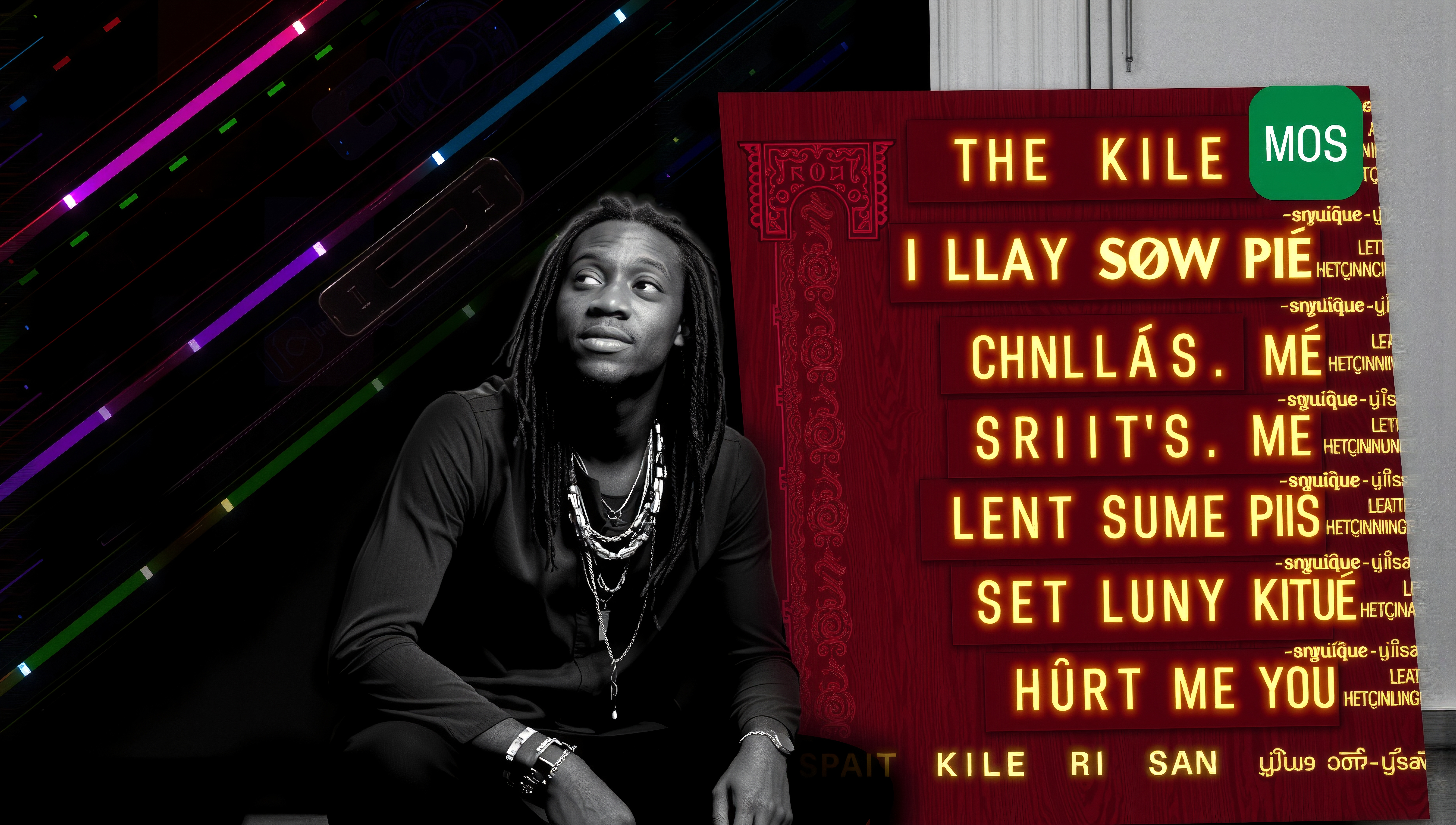 A stylish man with dreadlocks looks contemplative under colorful neon lights beside an illuminated board.