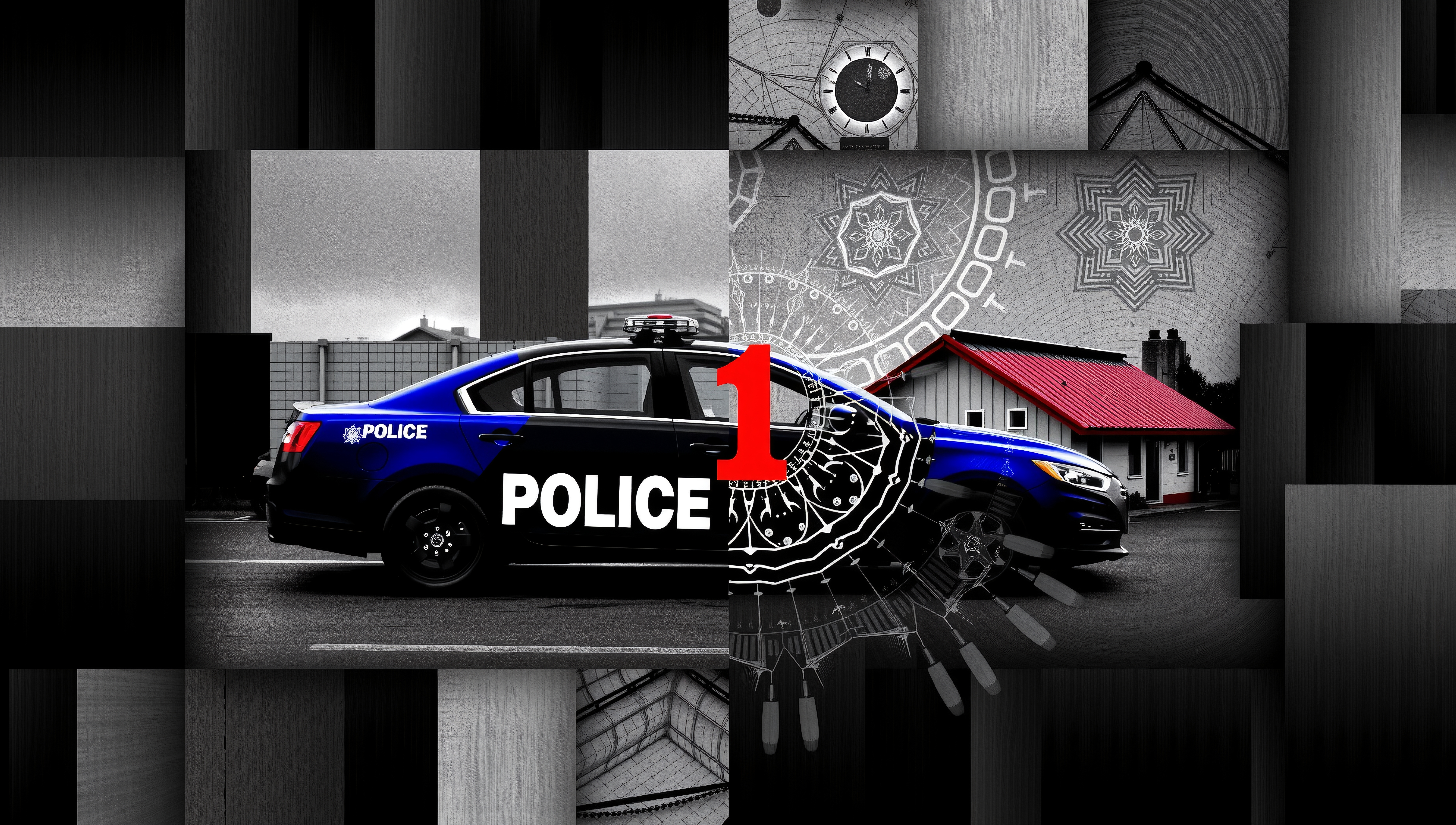 Blue police car with red roof and abstract patterns.