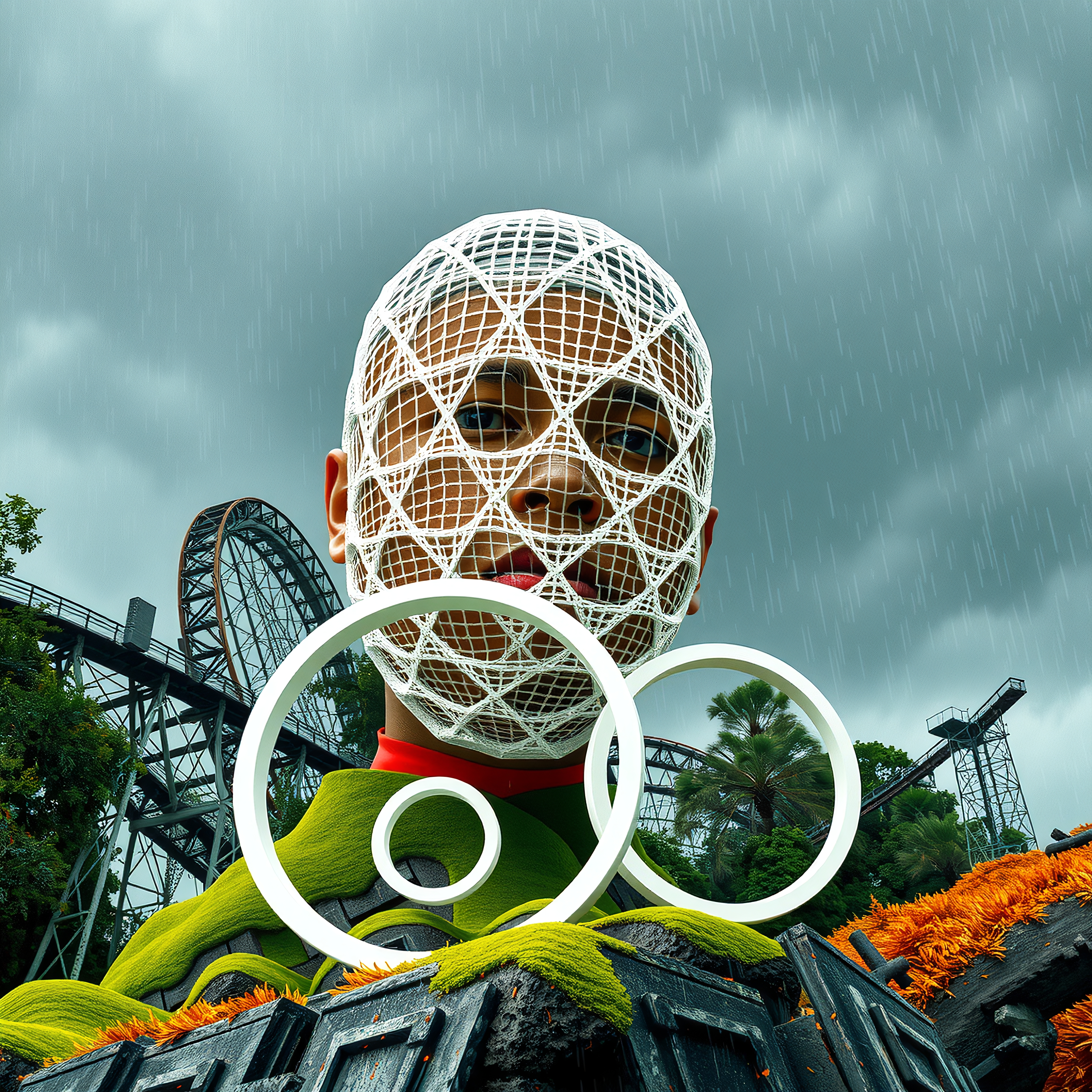 Futuristic figure with netted head in futuristic park.