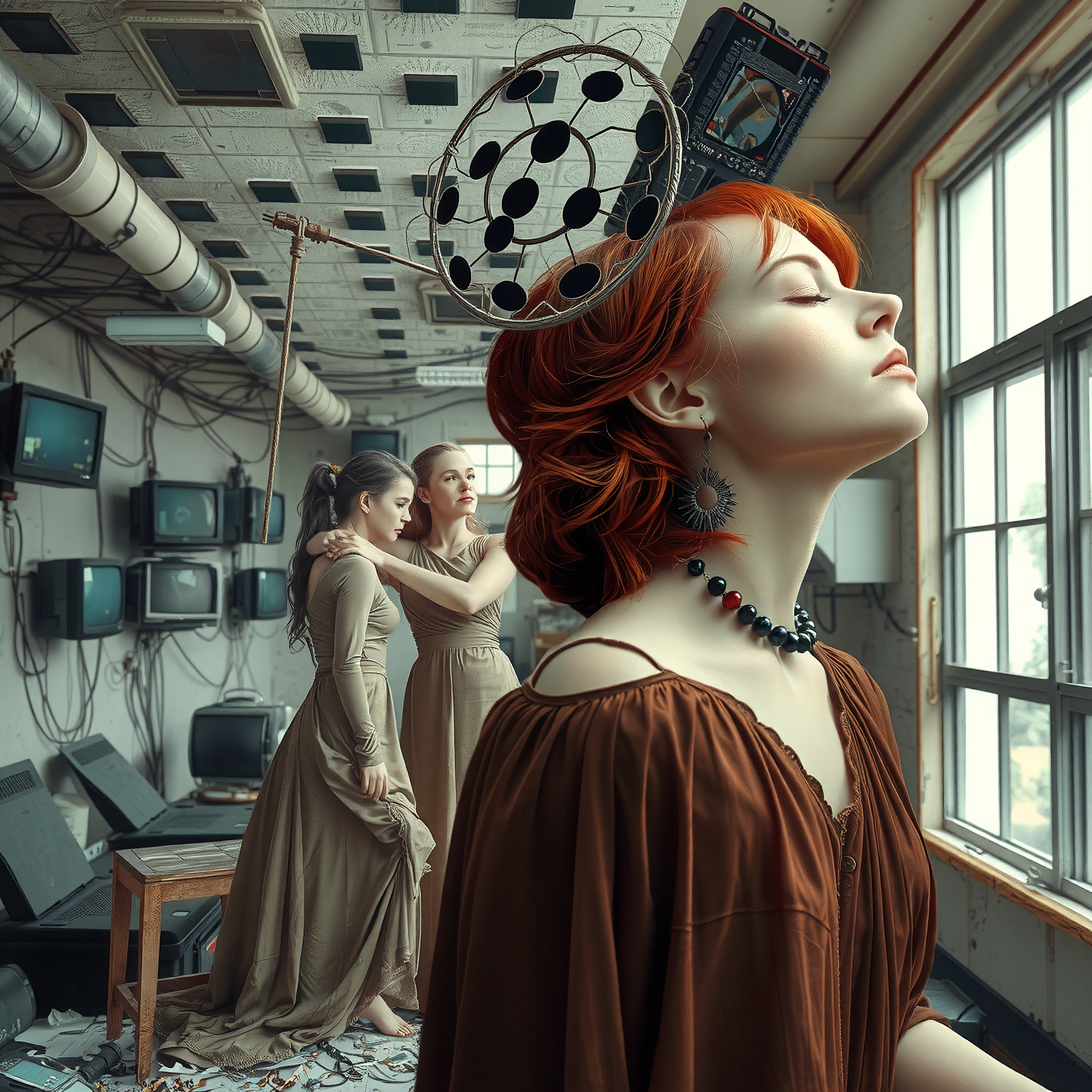 A red-haired woman in a calm introspective pose, wearing ornate jewelry in an industrial room filled with old TVs.