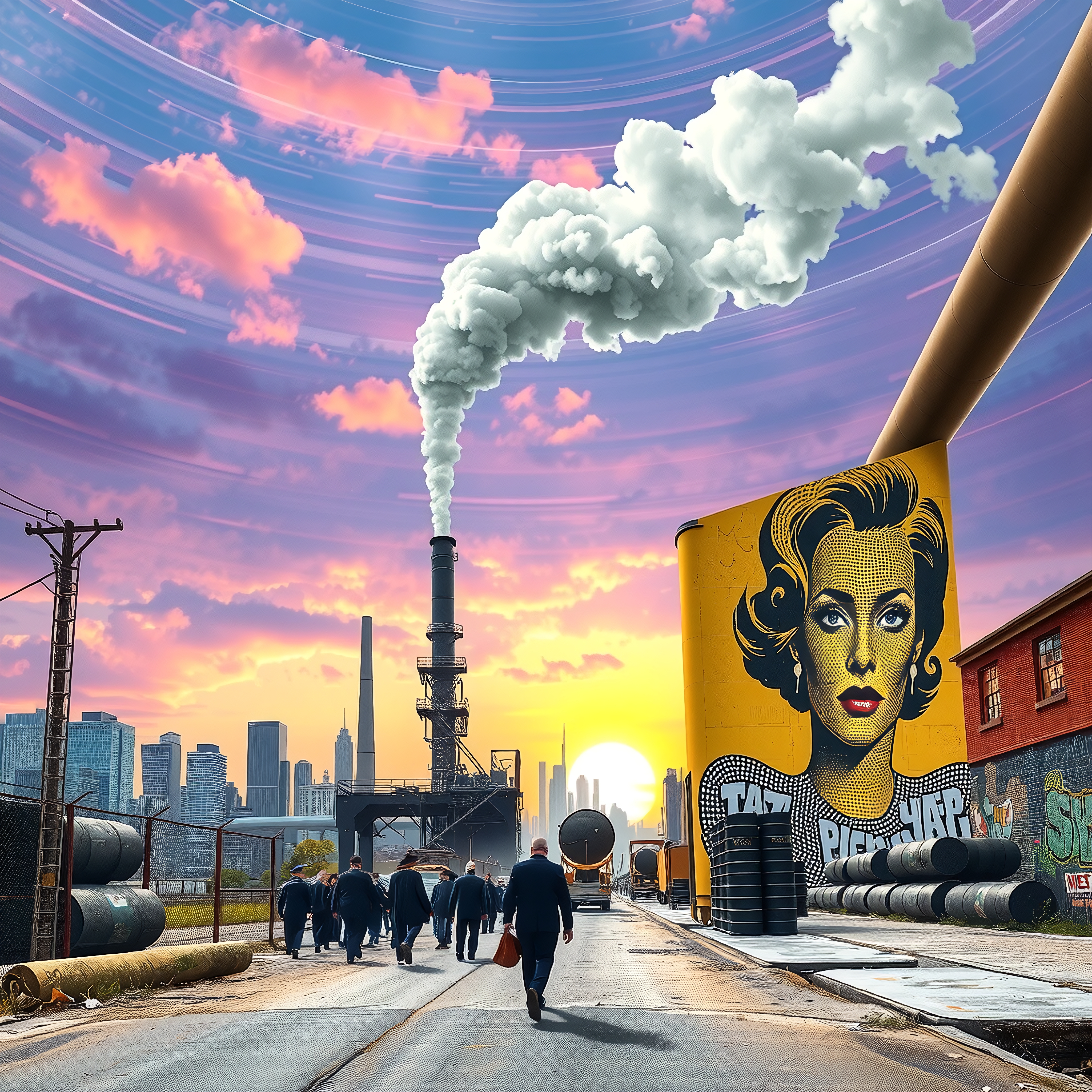 A vibrant cityscape with industrial elements, pop art mural, and dramatic sunset.