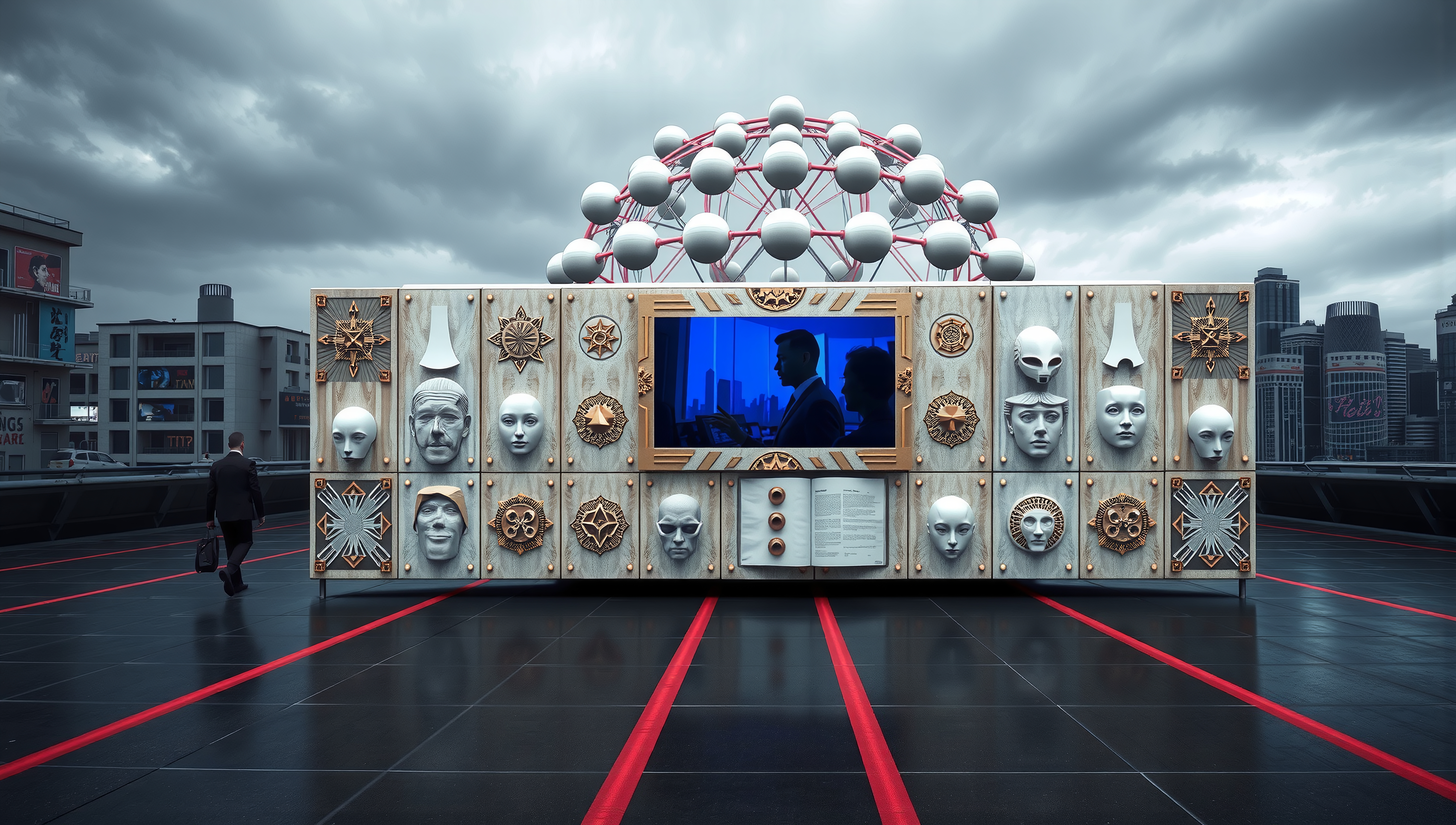 A futuristic art installation with faces and geometric shapes in an urban setting.