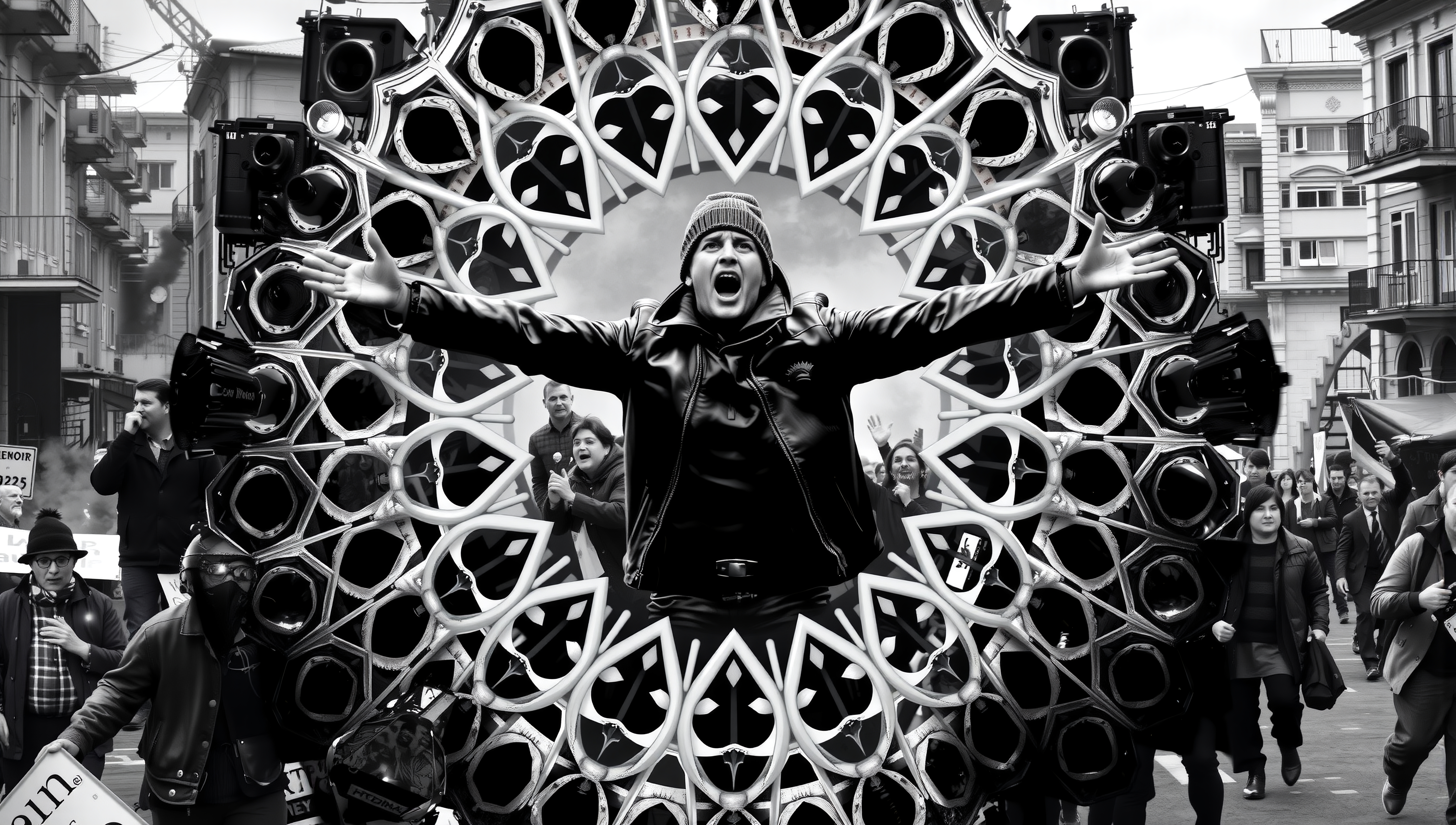 A man in a leather jacket stands passionately in front of a speaker circle during an urban rally.