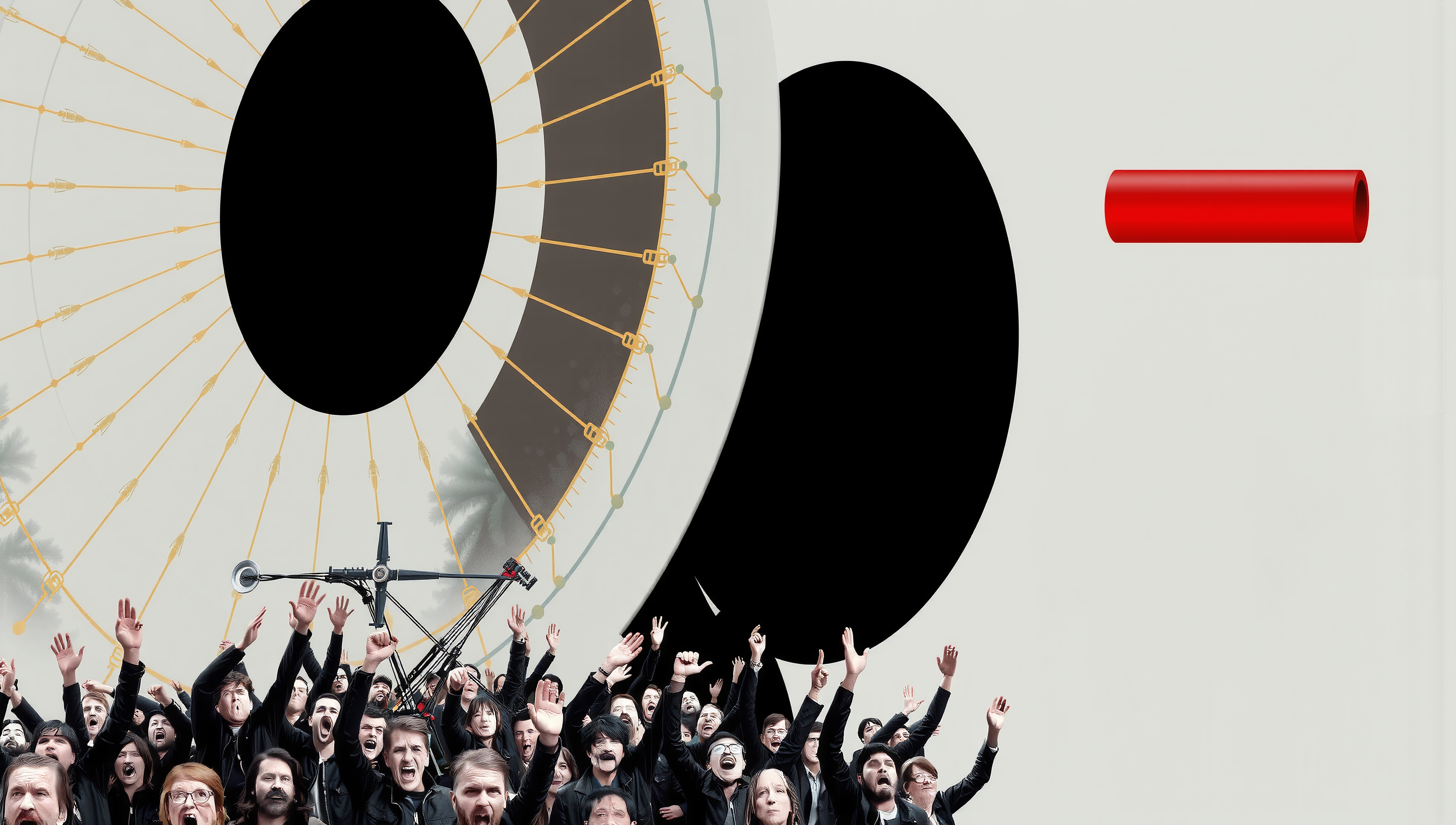 A crowd celebrates beneath futuristic geometric art.