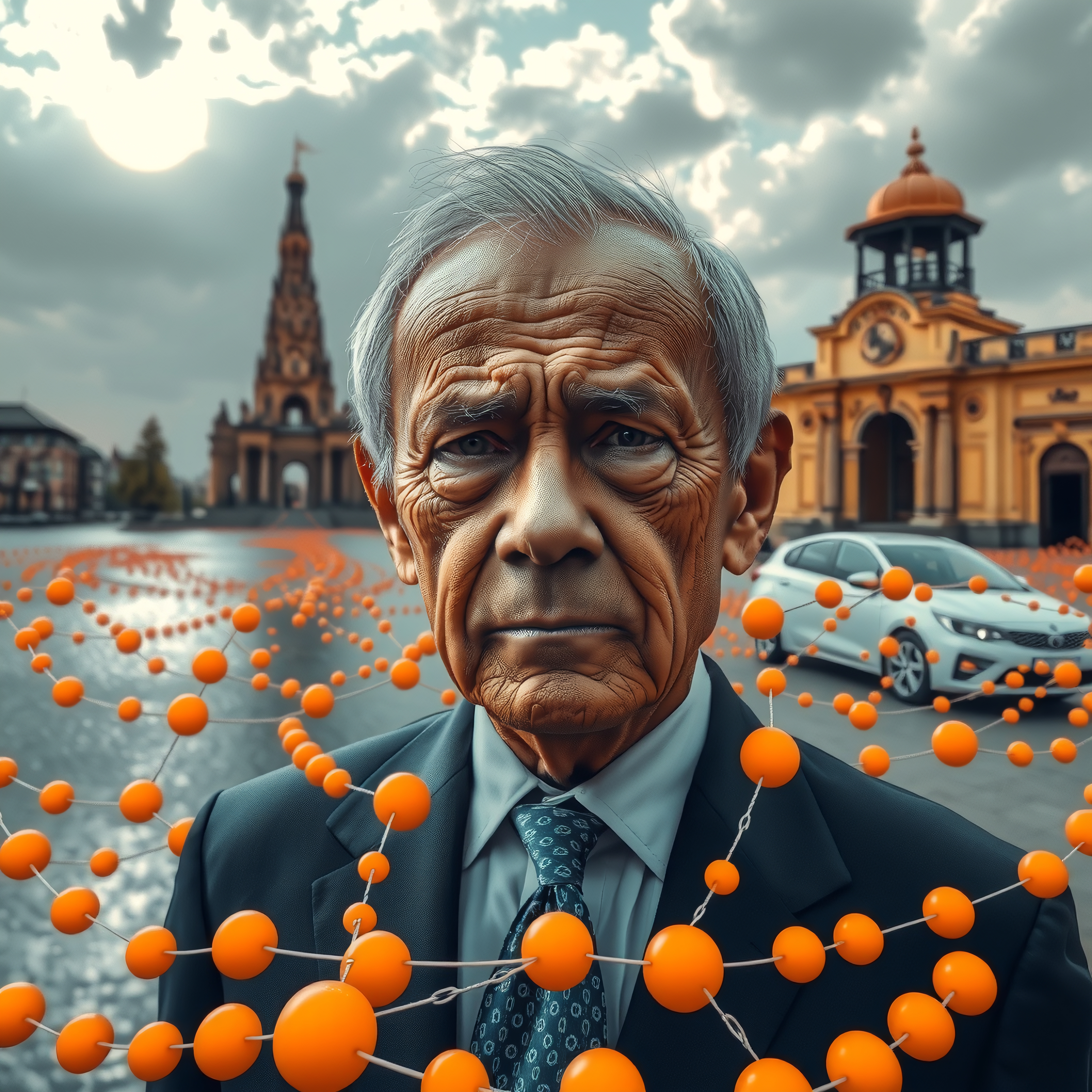 A distinguished man surrounded by orange spheres in front of a historic building with a modern car parked nearby.