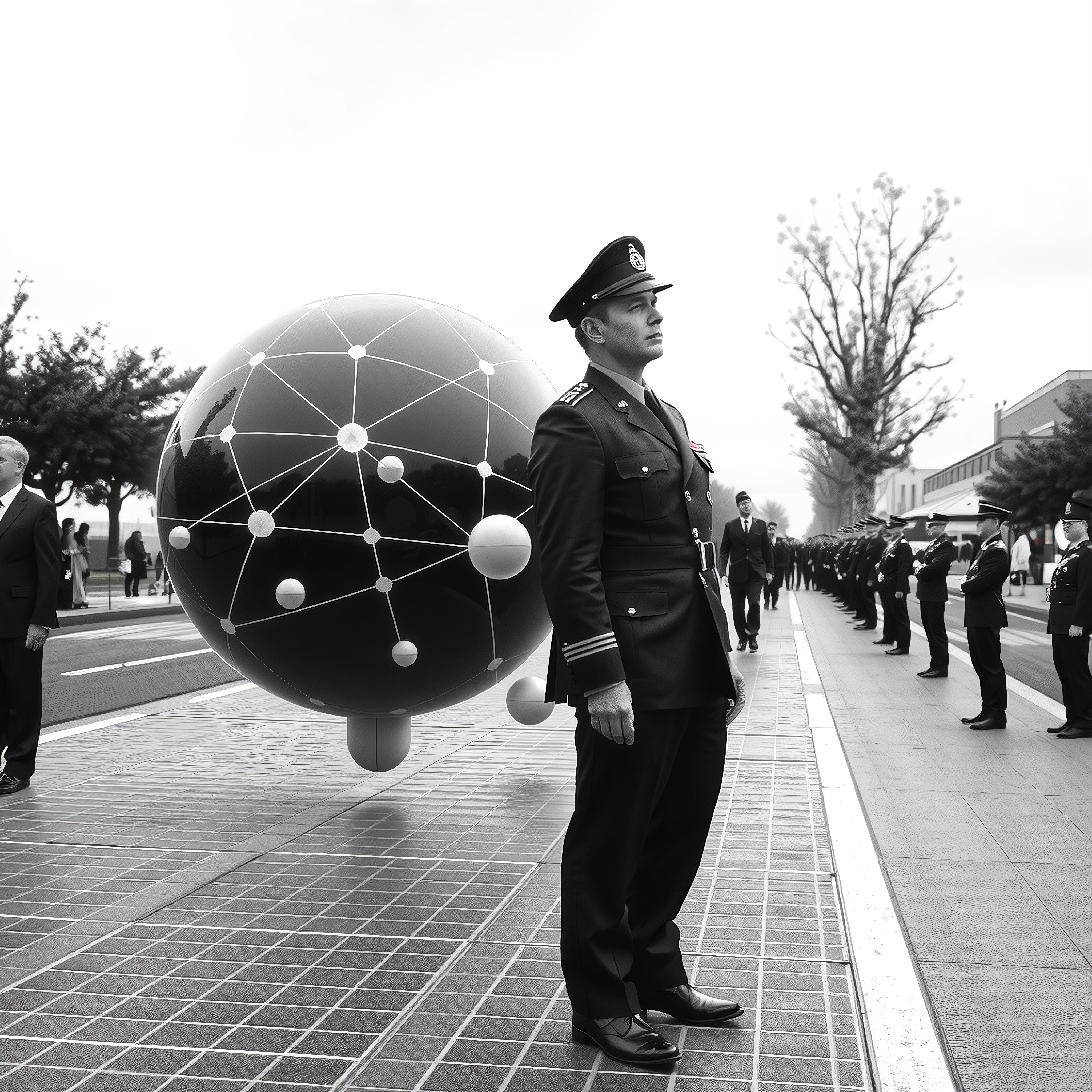 Image of a military parade with a network-like sphere structure in a solemn, formal setting.