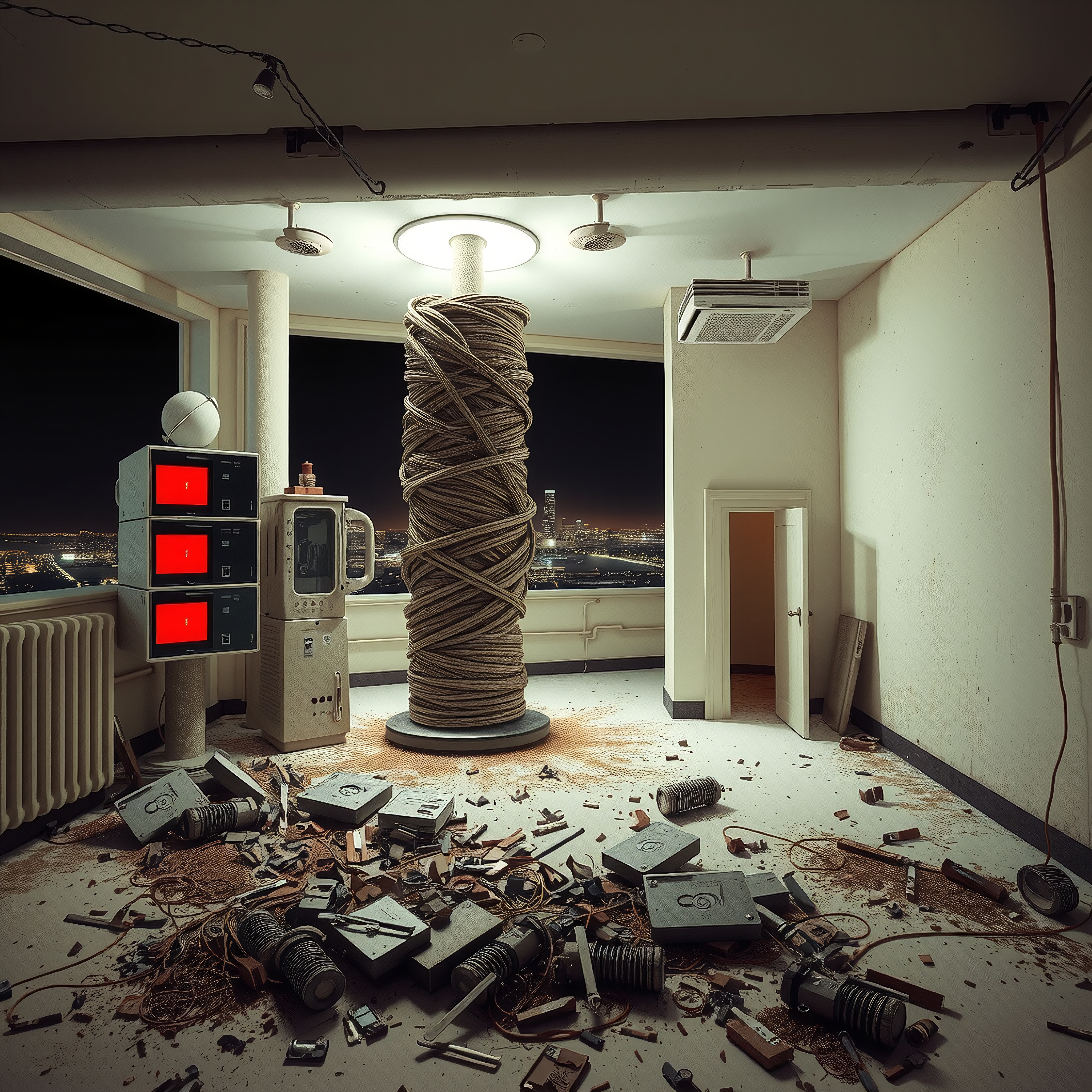 Industrial room with a rope-covered column and scattered debris, overlooking a cityscape at night.