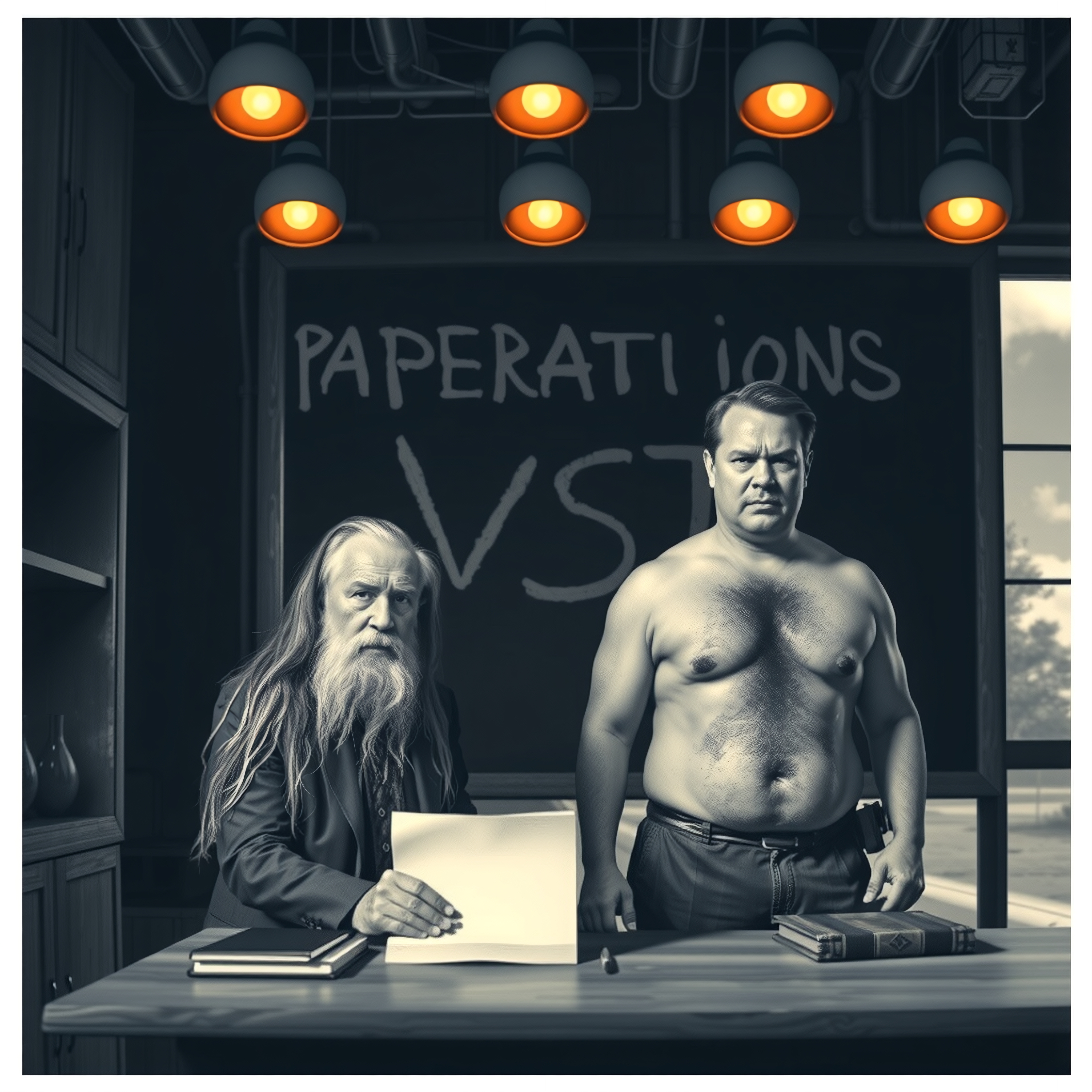 A bearded man sits in a surreal office next to a shirtless man, illuminated by orange lamps.