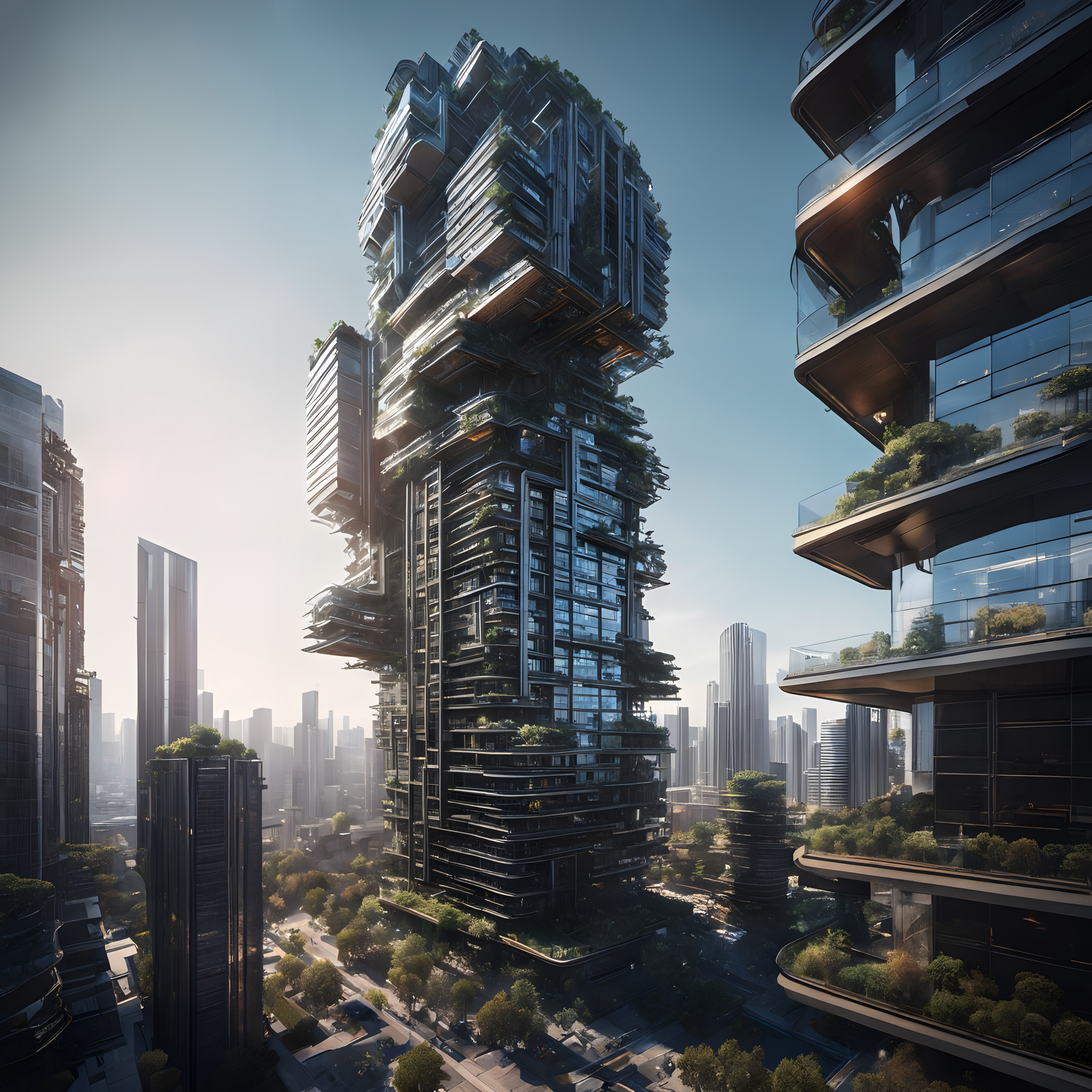 Futuristic skyscraper with integrated greenery in city.