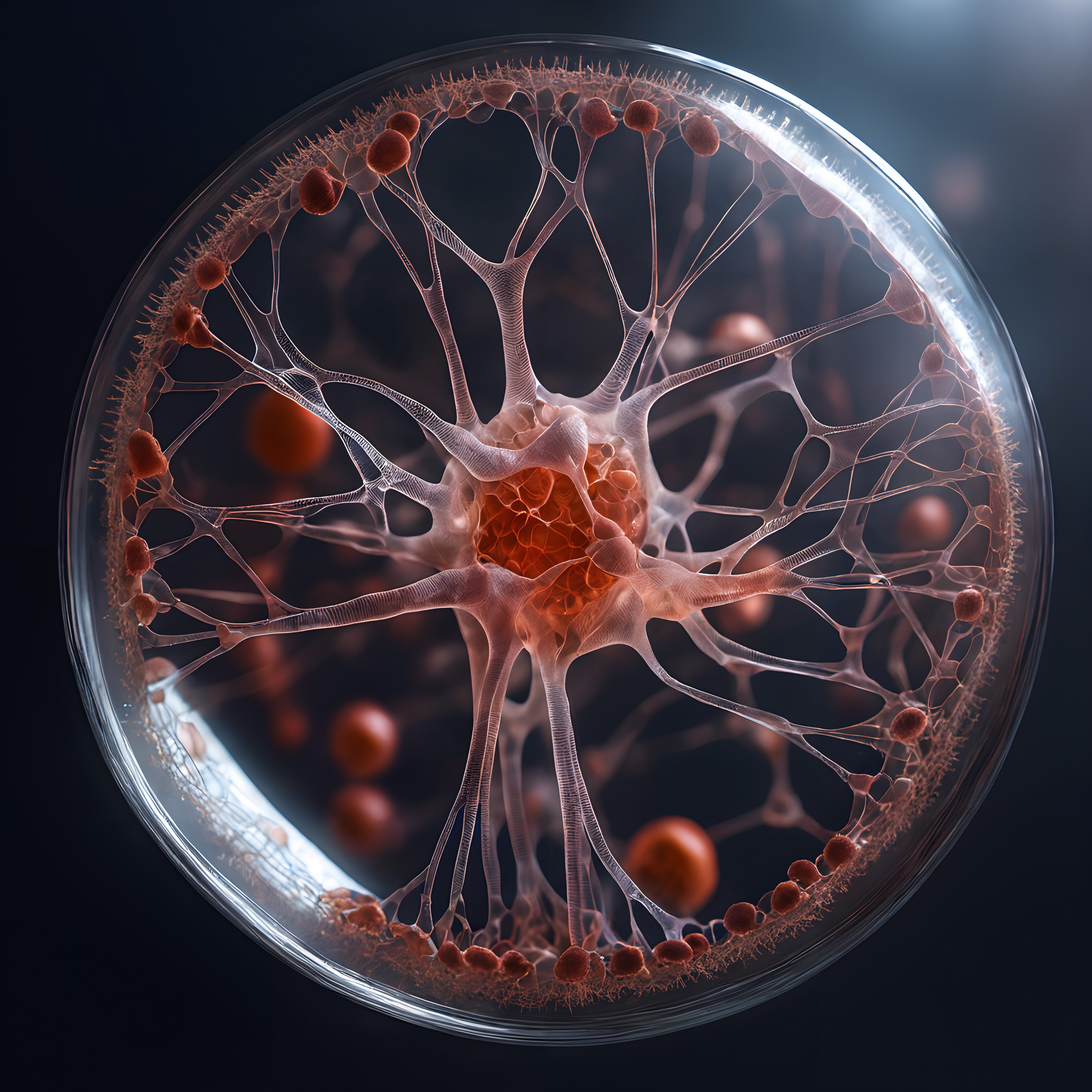 A close-up view of a neural network-like structure with red spheres encased in a translucent web within a sphere.