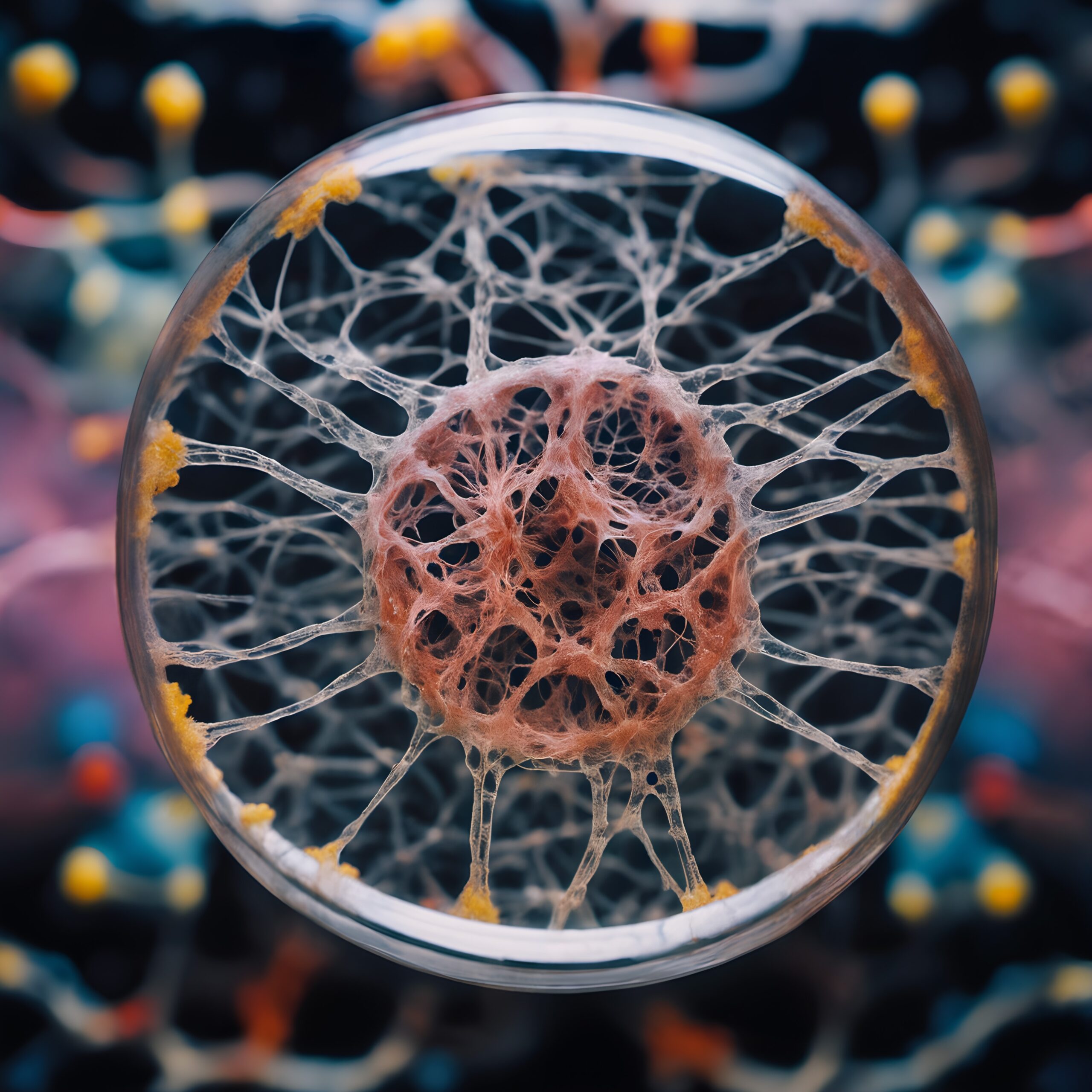 A close-up view of a petri dish displaying a complex network of web-like filaments, with yellow clusters and a blurred scientific environment.
