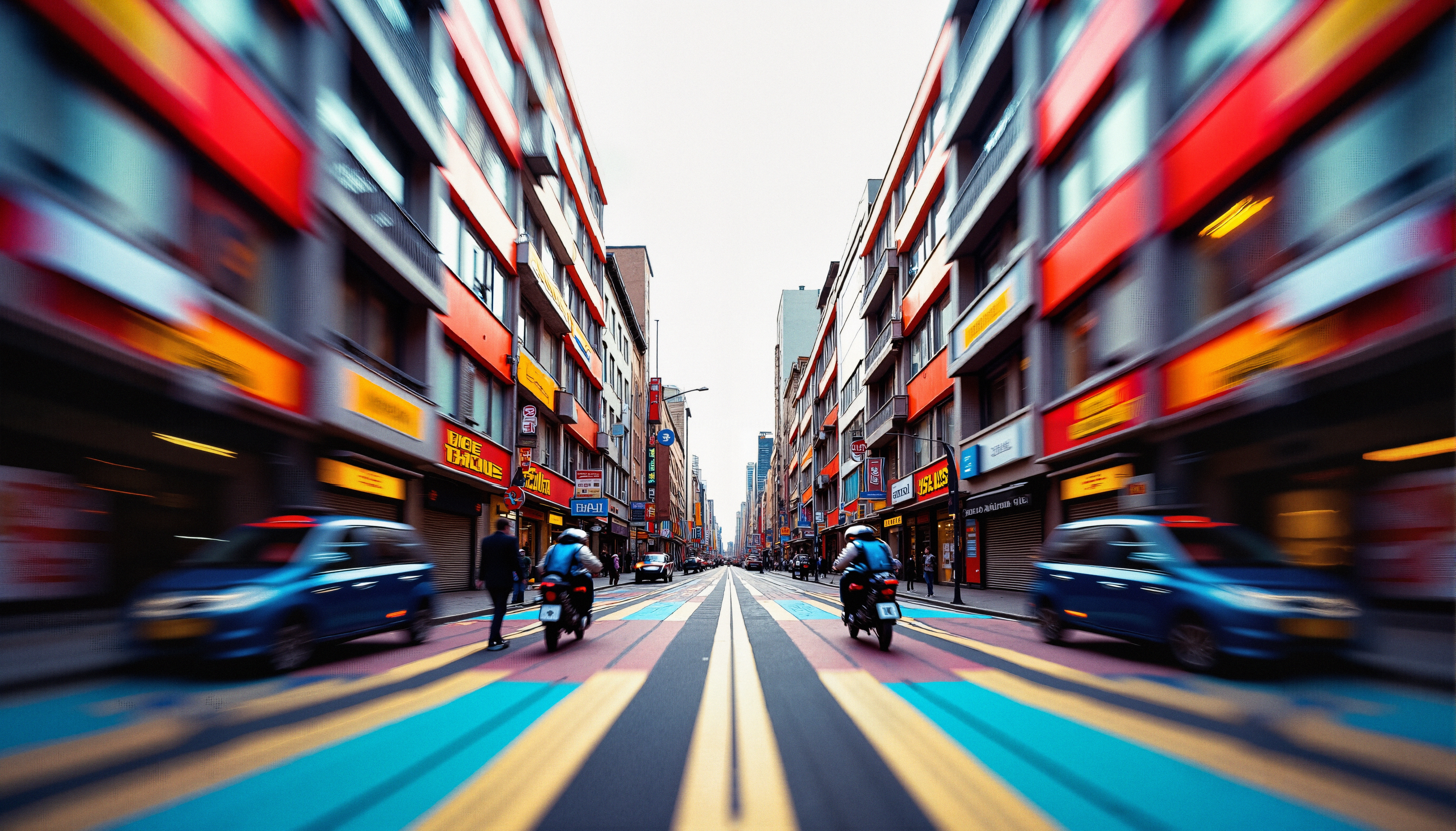A vibrant urban street with colorful buildings, motorcyclists, and dynamic architecture conveys energy and movement.