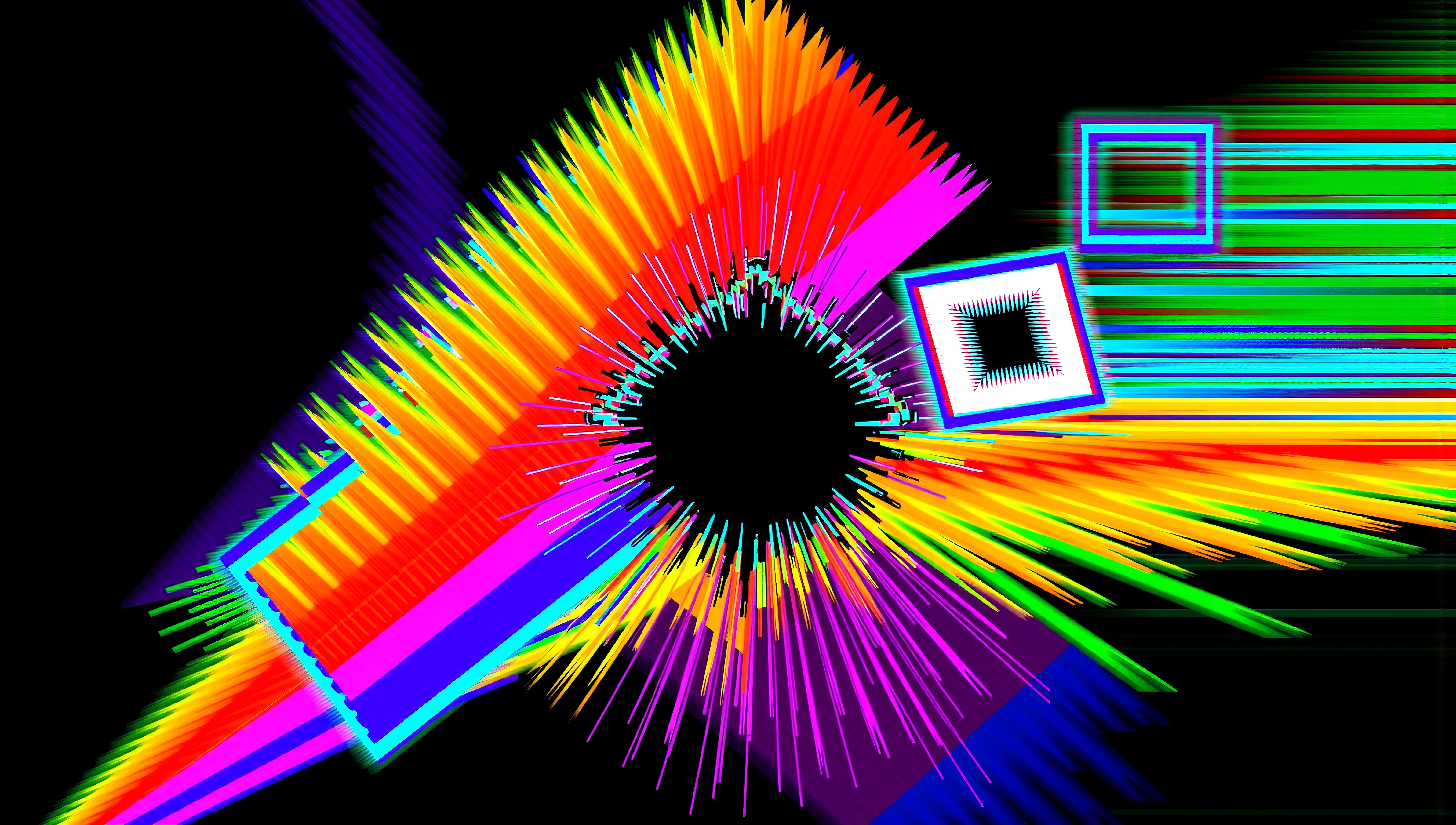 Abstract digital artwork with vibrant colors radiating from a central black void, featuring geometric shapes.