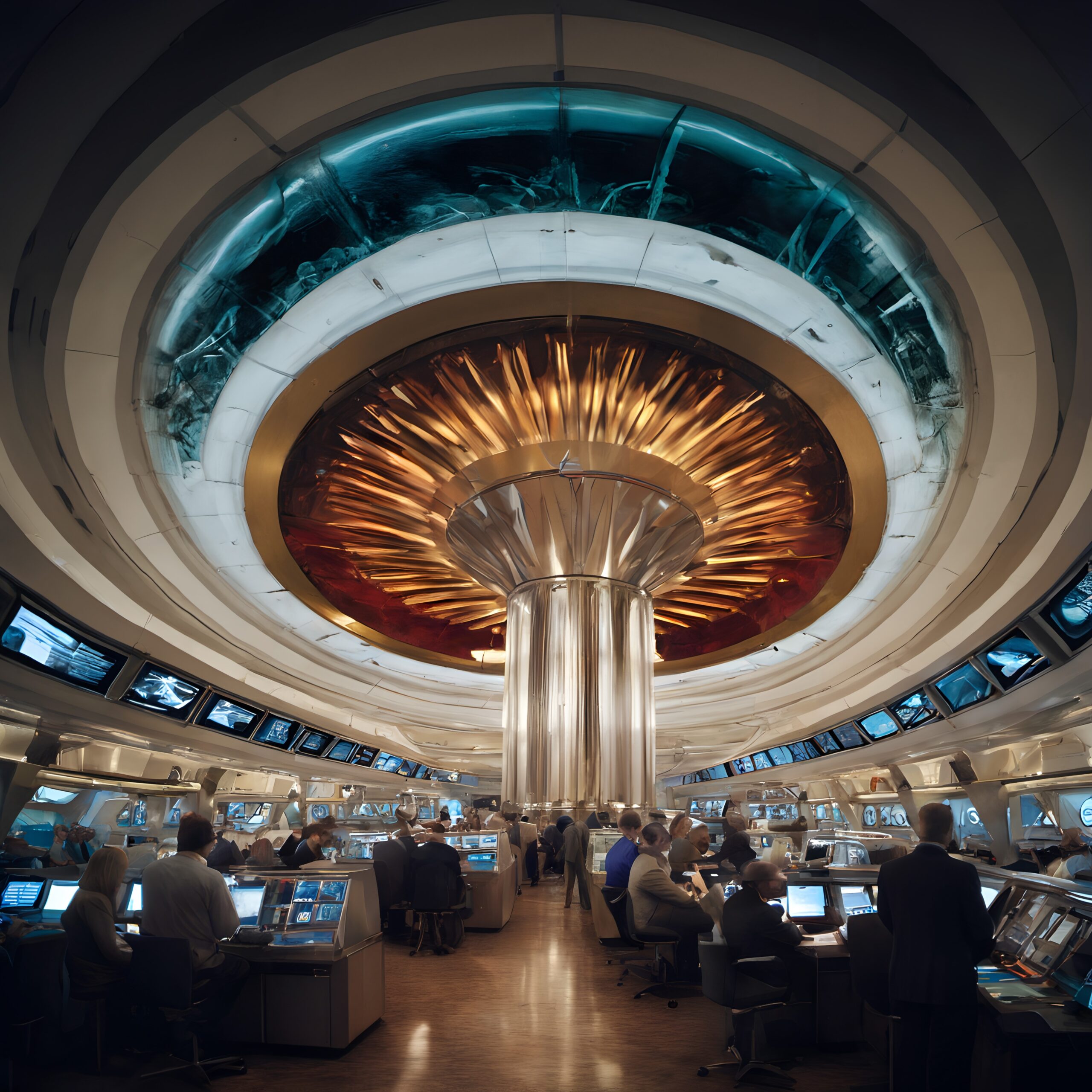 Futuristic control room with central turbine and active workstations.