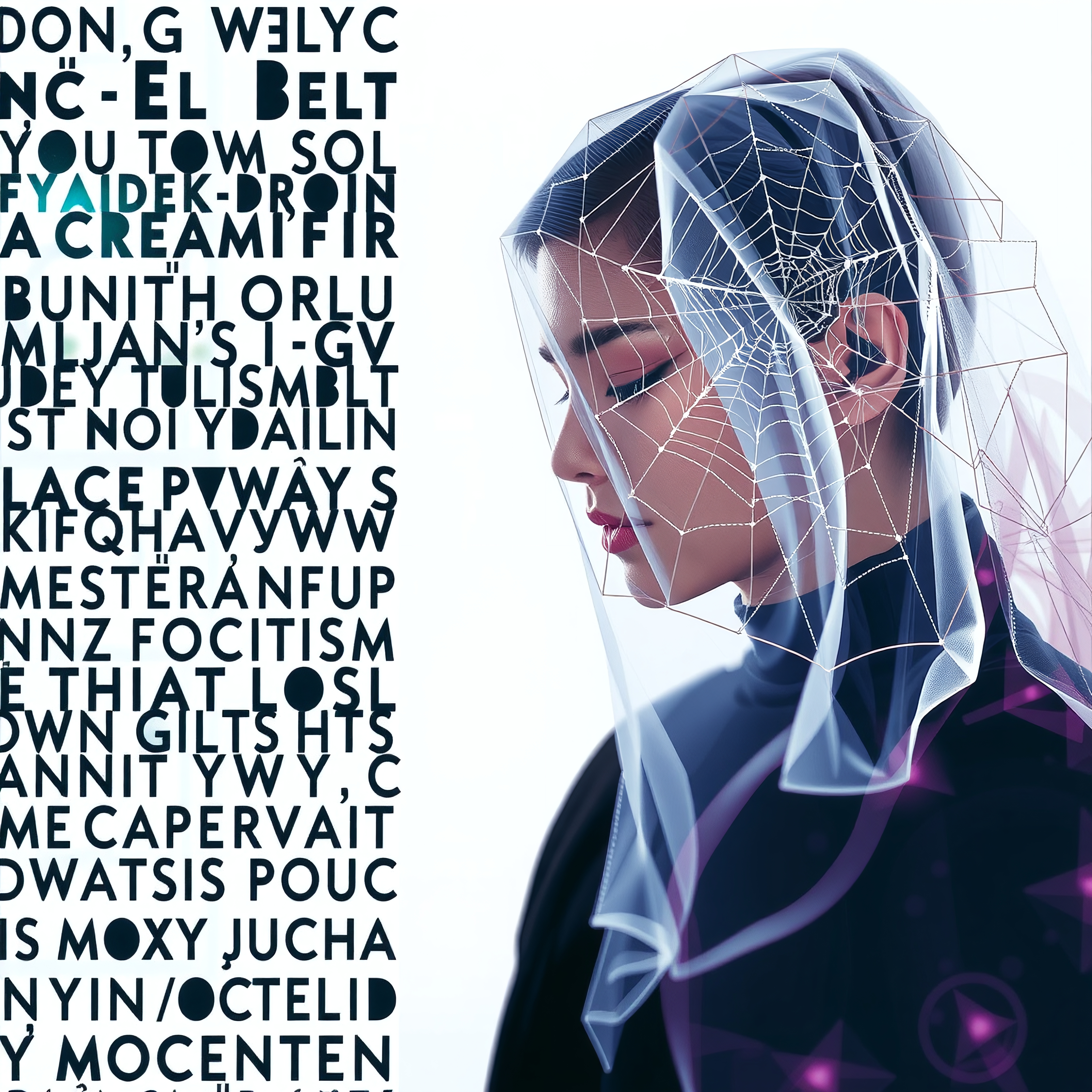 A futuristic portrait of a woman with a spider web veil and abstract letters.