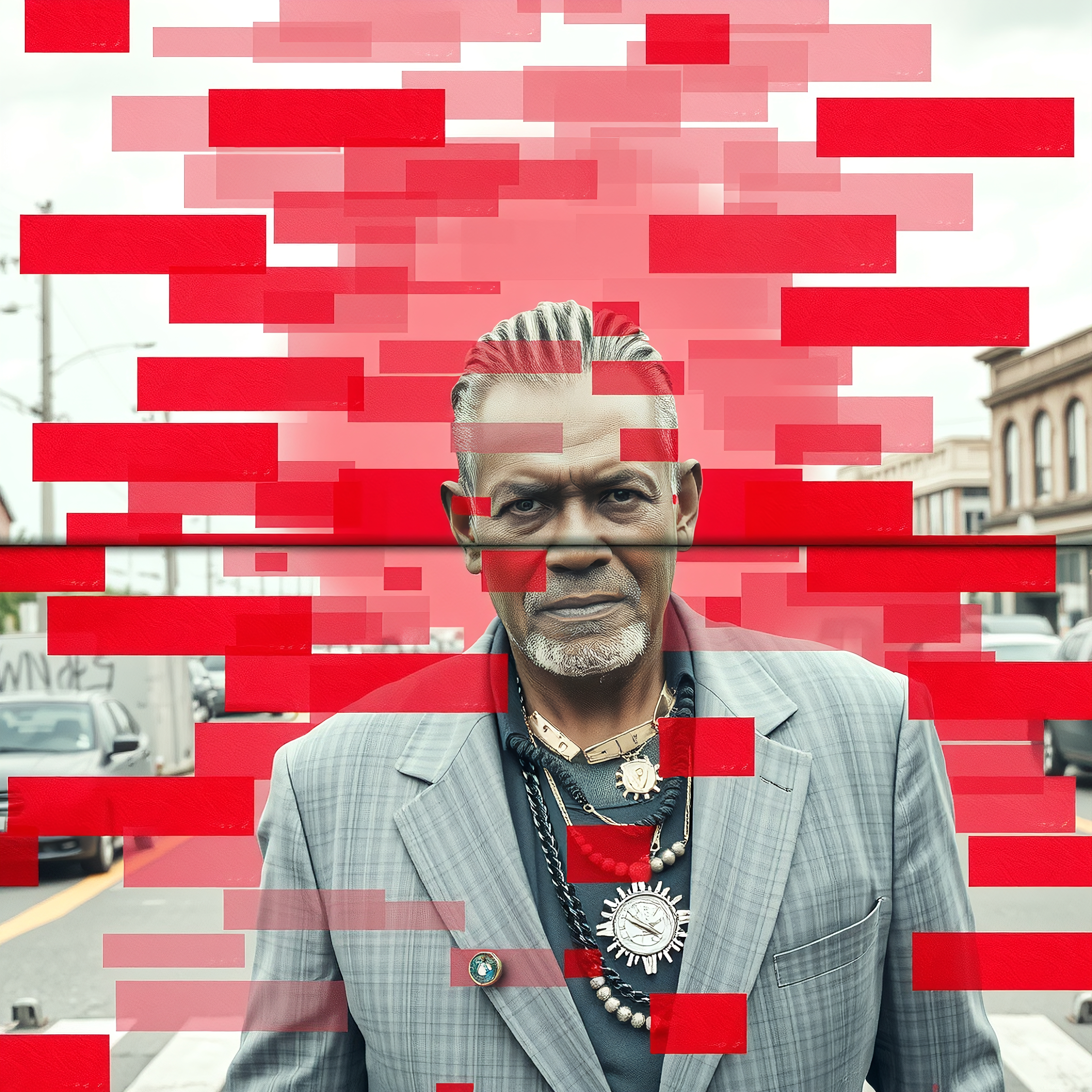 Portrait of stylish man with digital red glitch effect on urban street.