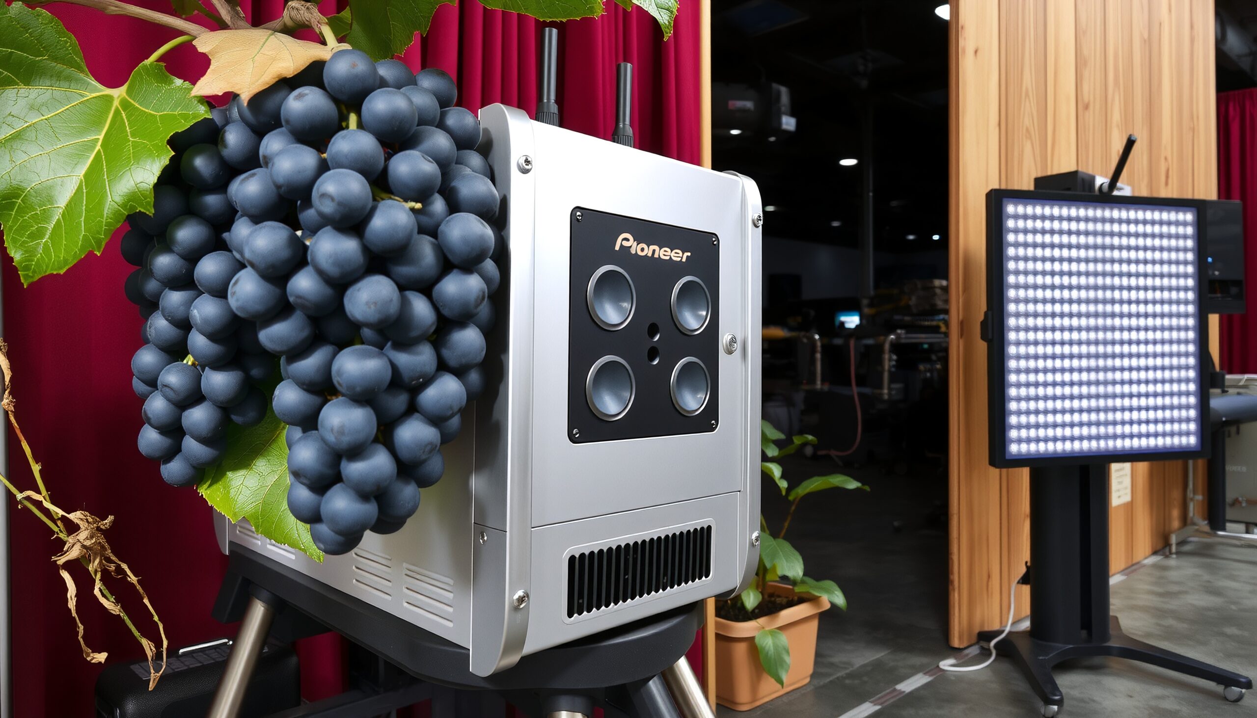 Close-up image of grapes adjacent to advanced technology in a research setting.
