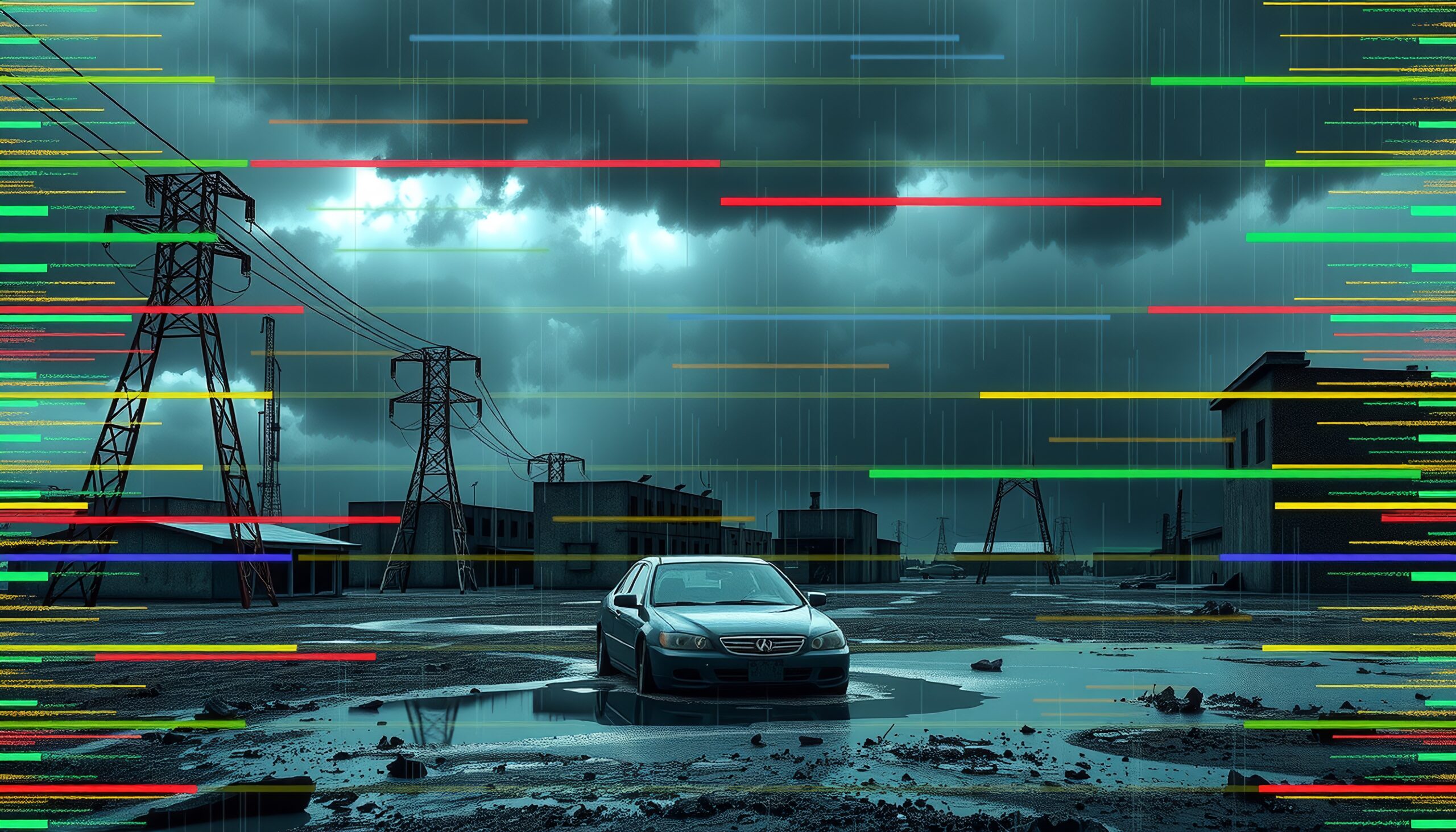 Lone car under dark stormy sky with colorful light streaks.