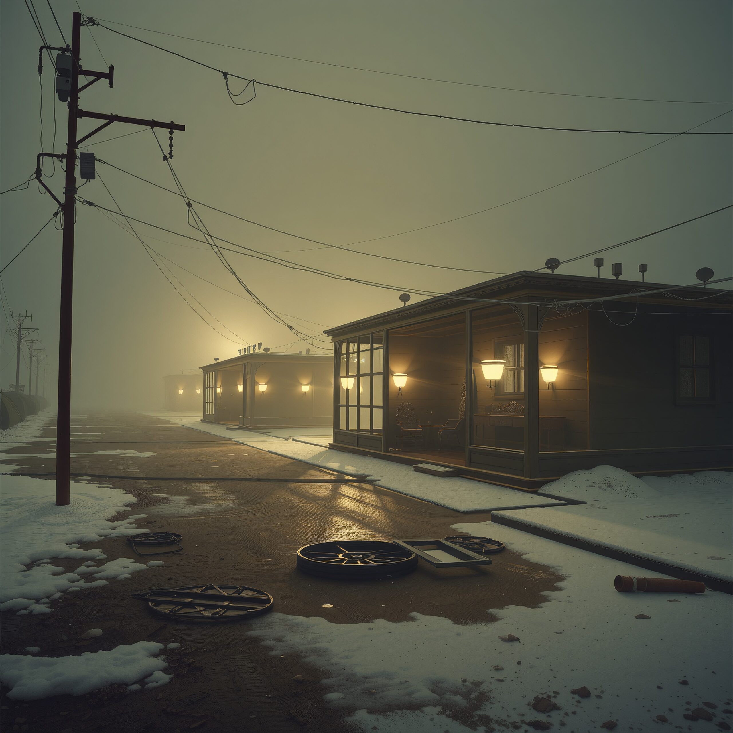 Foggy street with warm-lit houses at dusk, snow-covered in eerie silence.