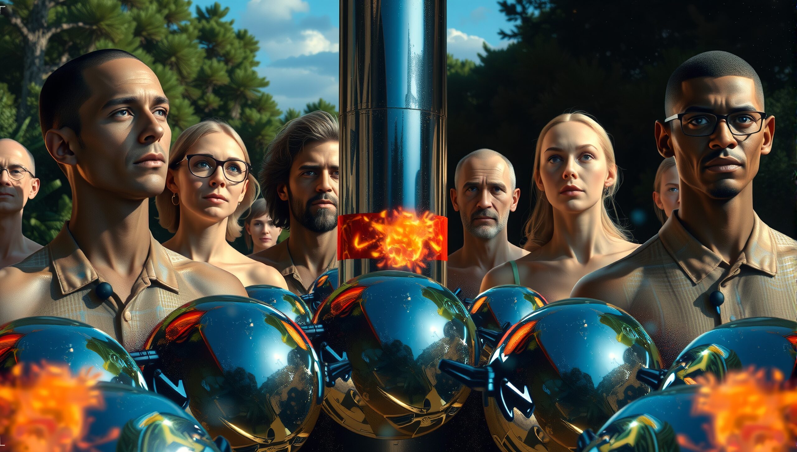 A diverse group gathers outdoors around a reflective metallic structure, exploring technology and nature.