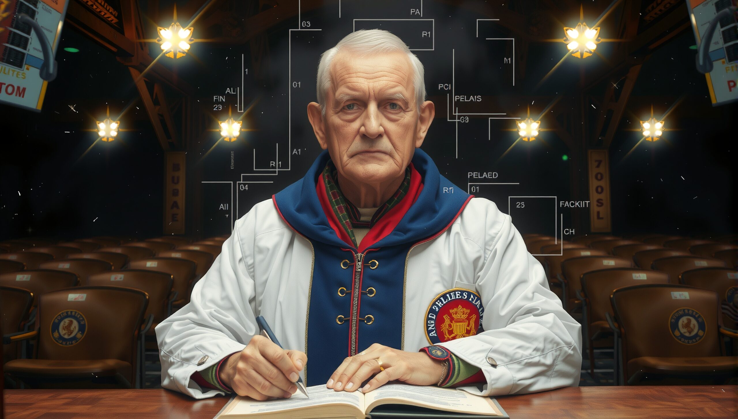 Elderly man in academic attire writing in an empty auditorium.