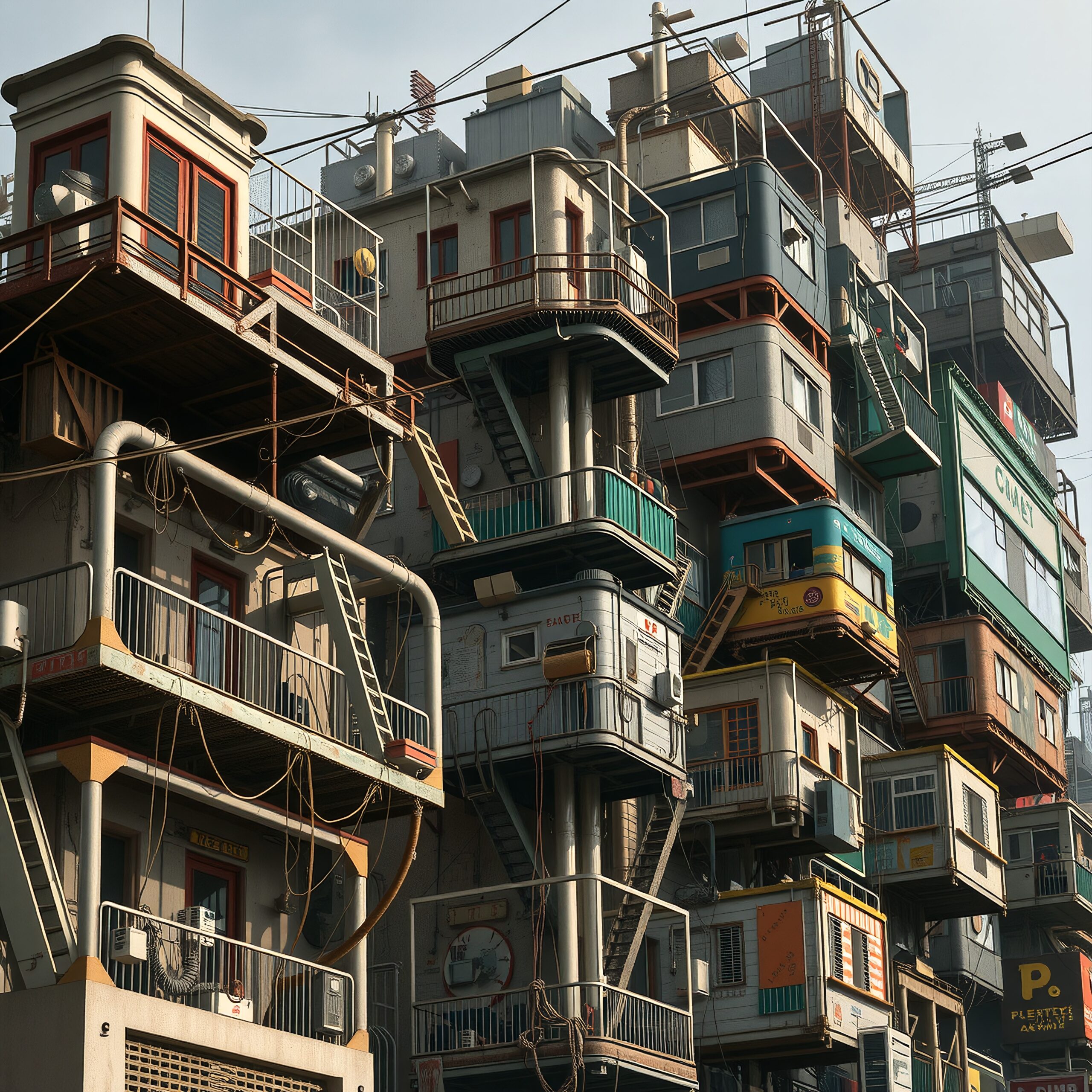 Stacked architectural structure with colorful container units and dynamic urban design.