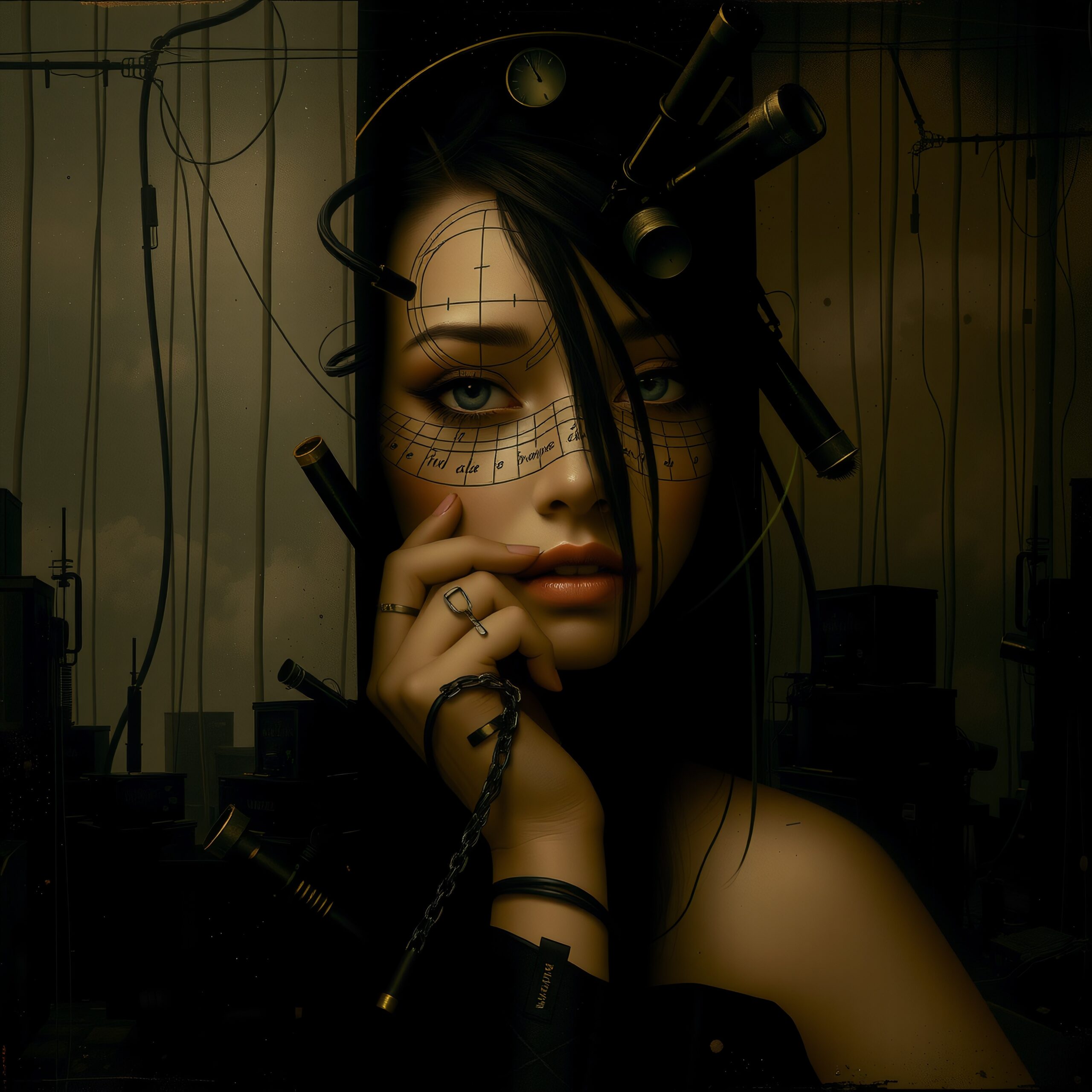 Futuristic woman's portrait with technological elements.