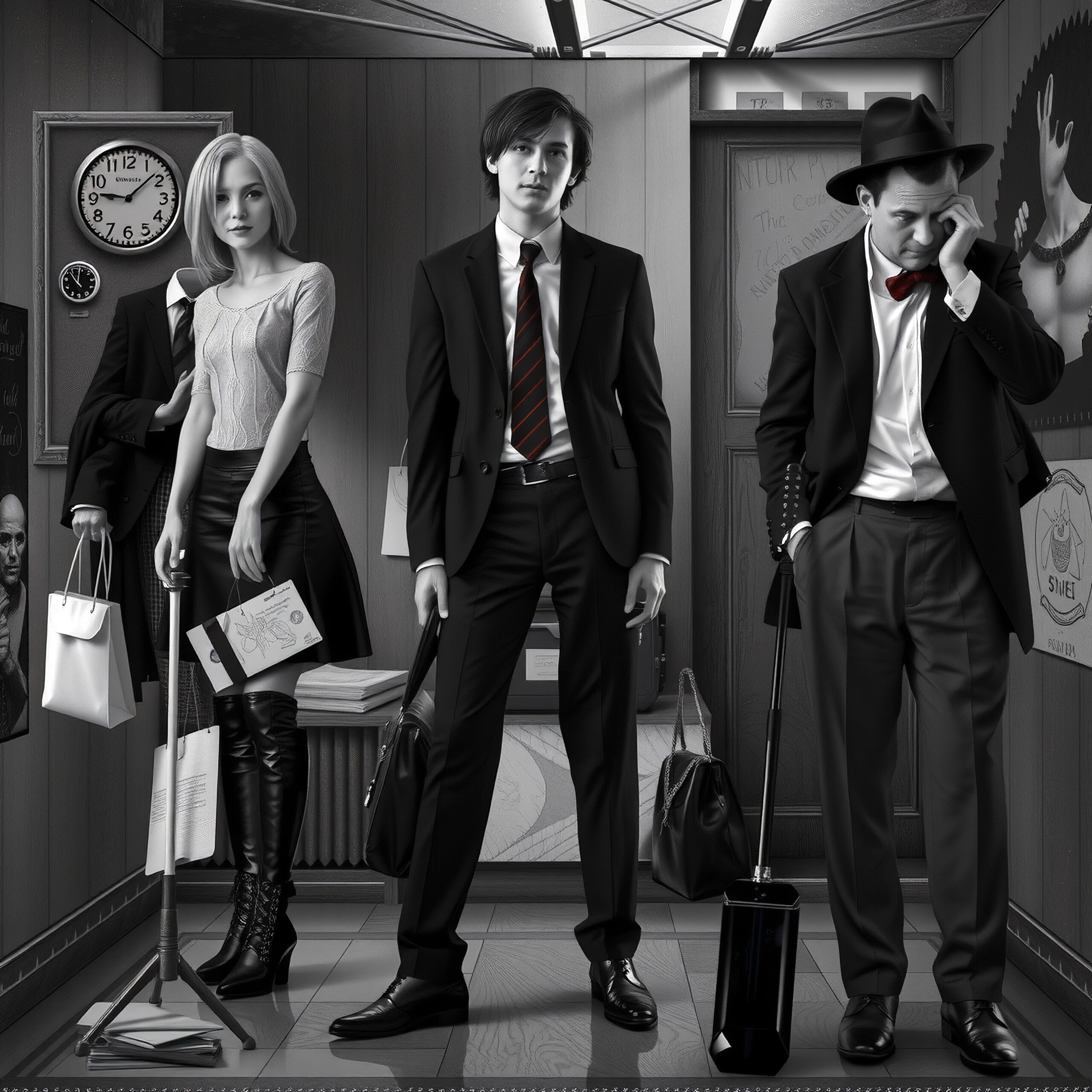 Three people in an elevator, dressed formally, captured in a moment of anticipation and diverse moods.