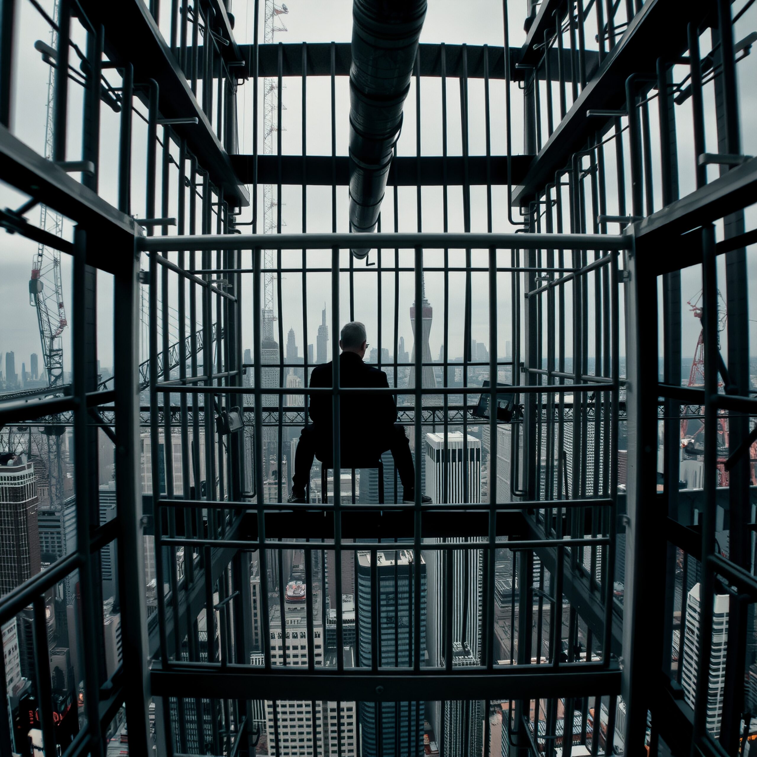 Image of a person sitting in a metal cage high above a city skyline, highlighting themes of isolation and urban confinement.