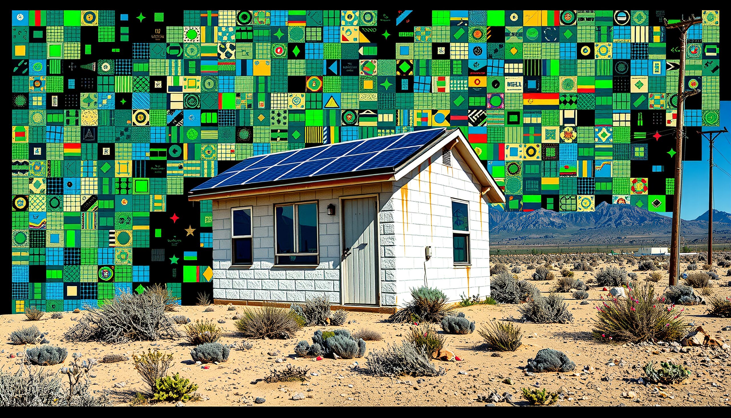Image of a desert house with solar panels, vibrant mosaic art backdrop, and distant mountains.