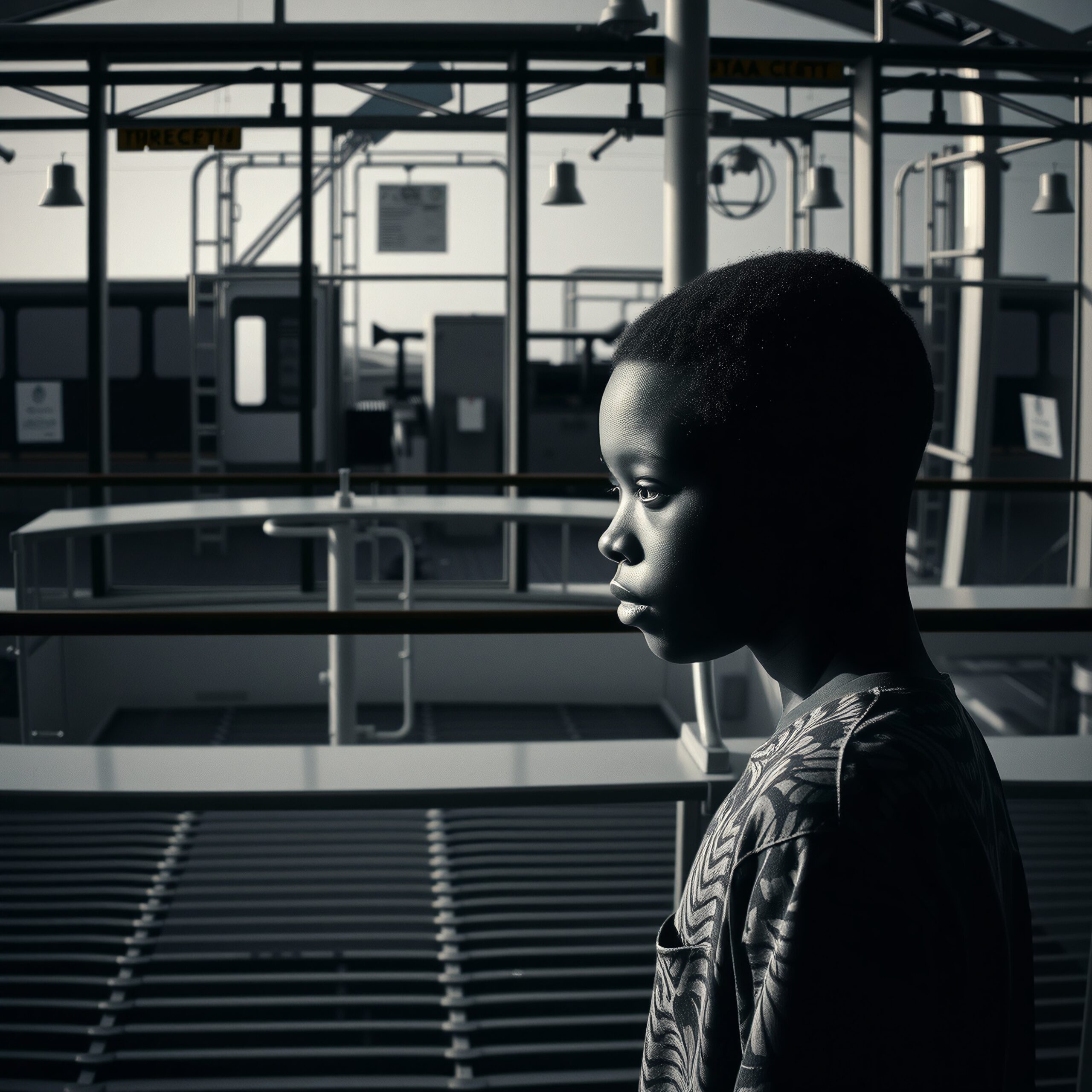 Black and white portrait of a contemplative boy in an industrial setting.