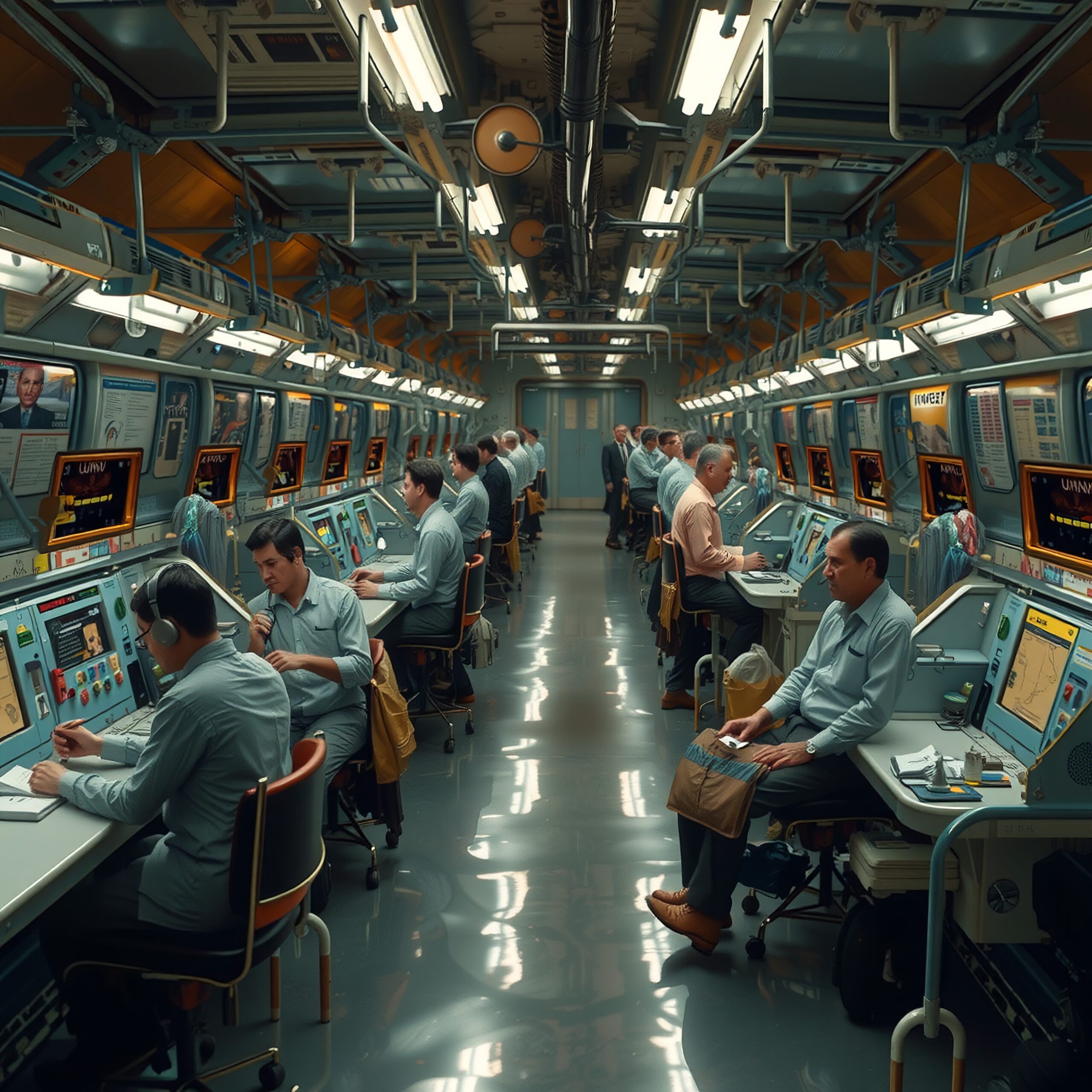 A vintage control room with men working at various control stations, featuring retro industrial design and equipment.