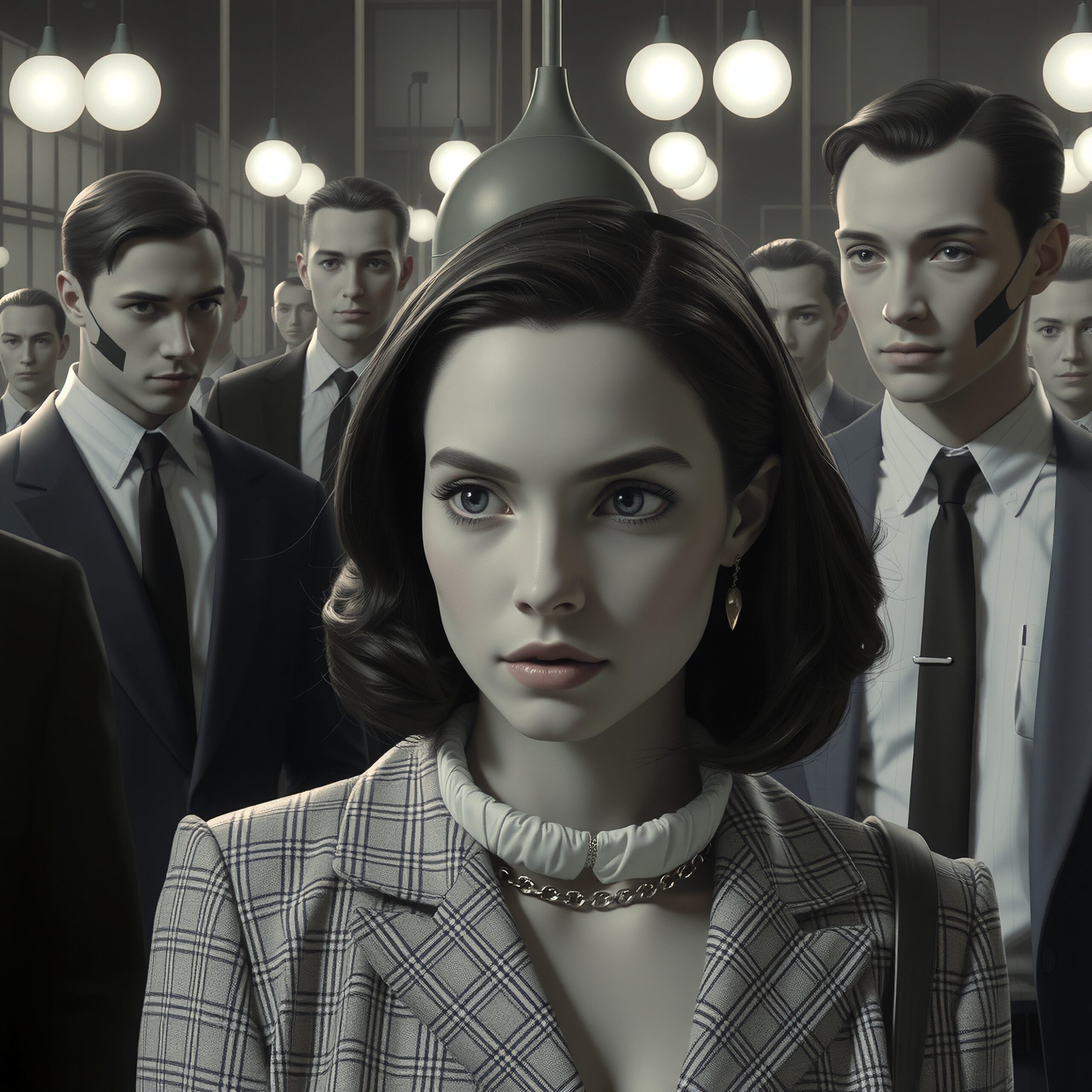 A young woman stands confidently among suited men under elegant pendant lights.