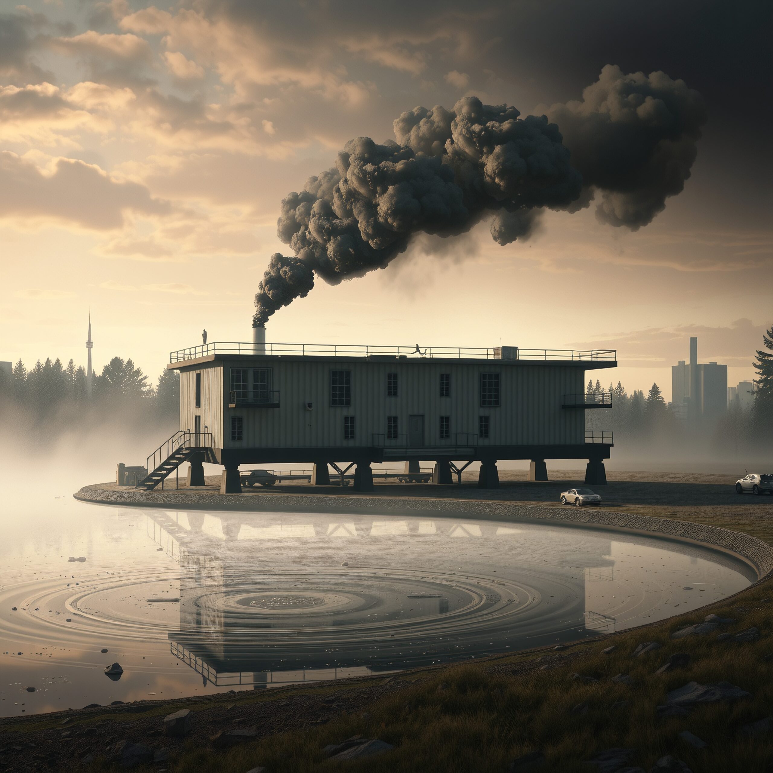 Misty industrial building by reflective pool.