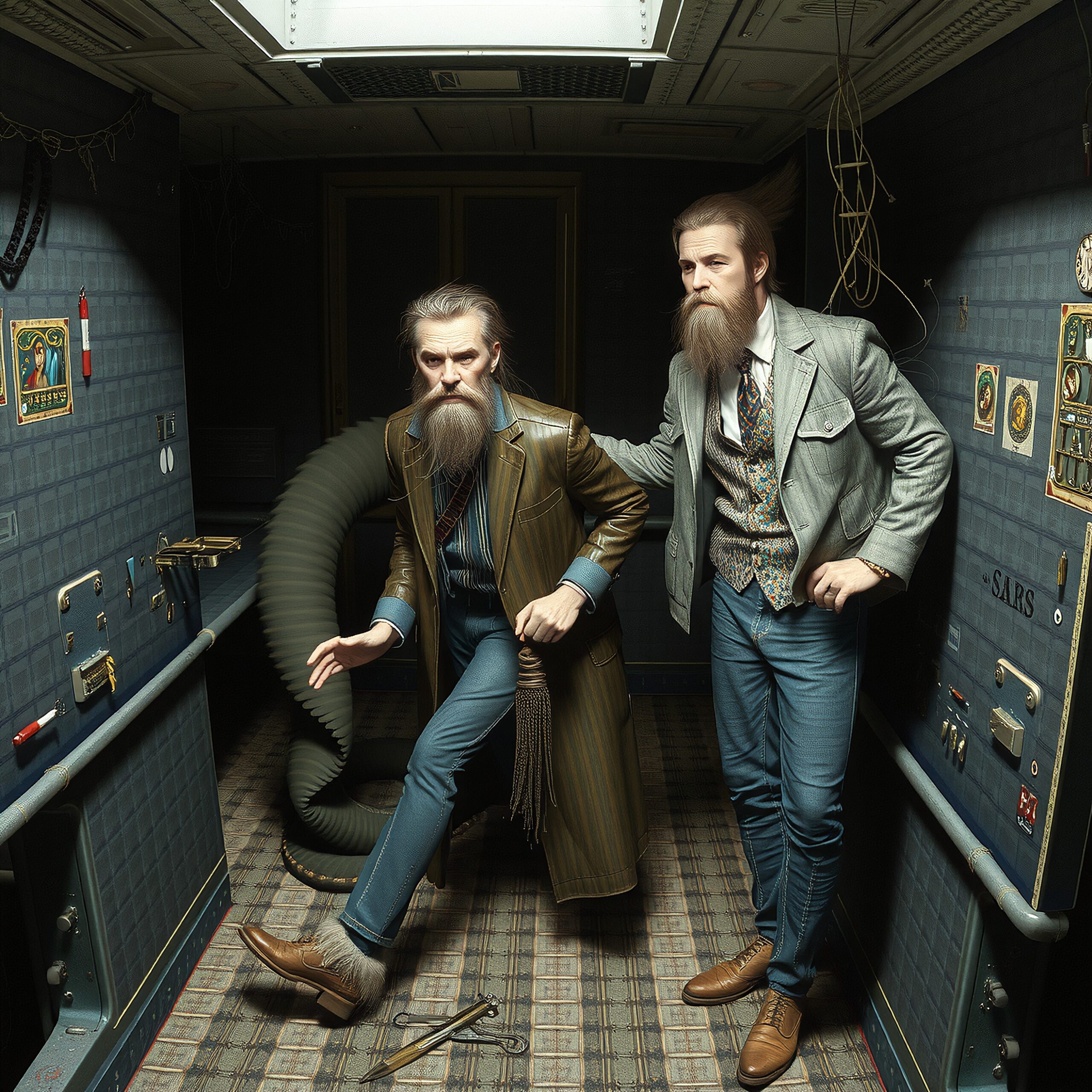 Two men in a dimly lit retro control room with vintage attire and mysterious decor.