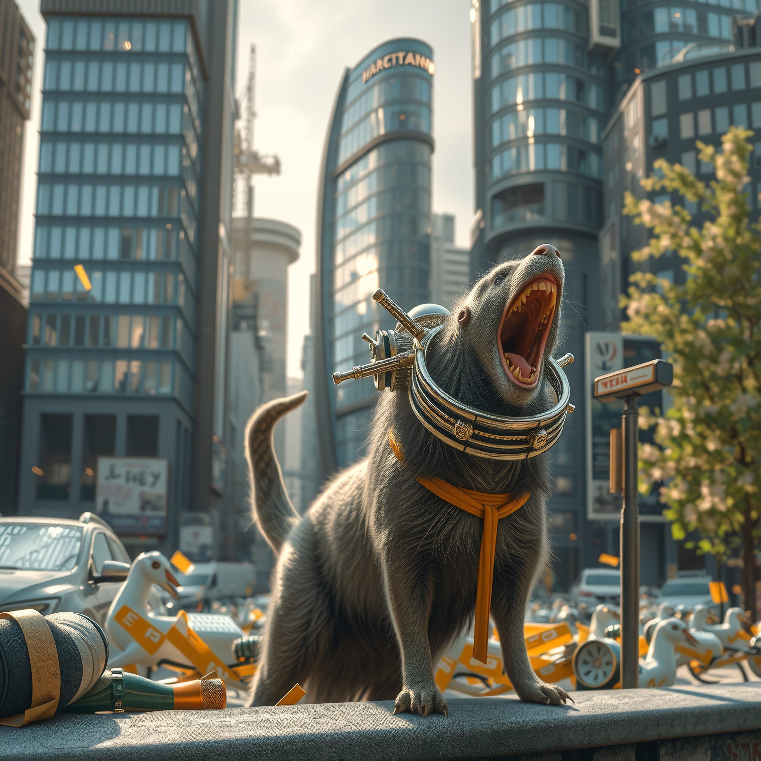 A futuristic creature with a metallic collar roars in a cyberpunk cityscape with towering skyscrapers.